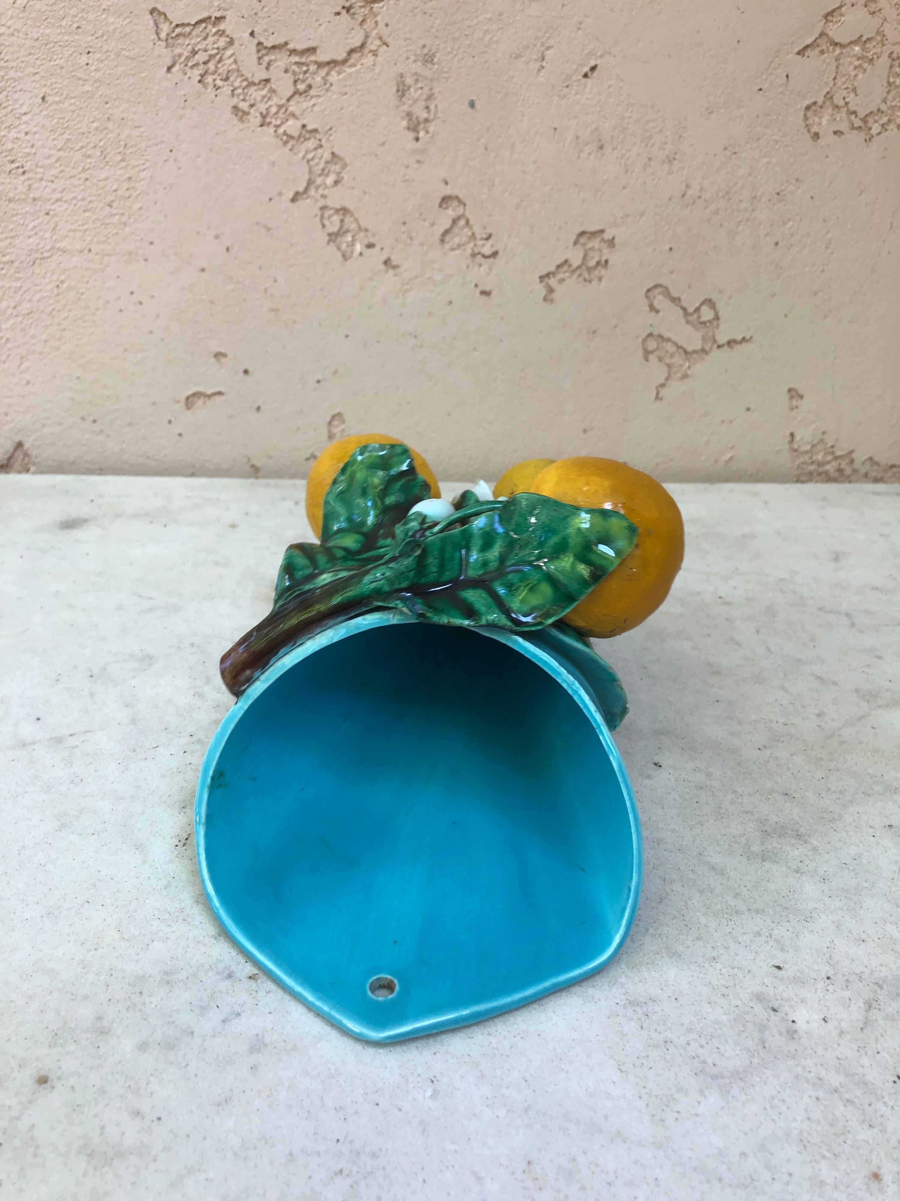 Late 19th Century French Majolica Oranges Wall Pocket Perret Gentil Menton circa 1890 For Sale
