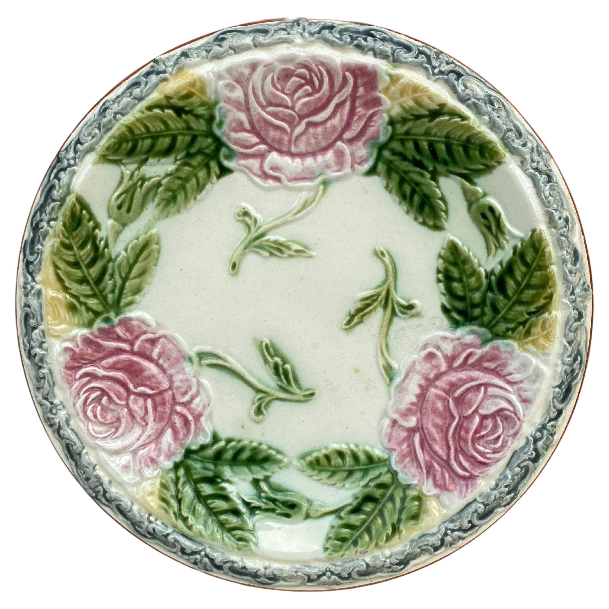 Early 20th Century French Majolica Orchid Plate Saint Clement, circa 1900 For Sale
