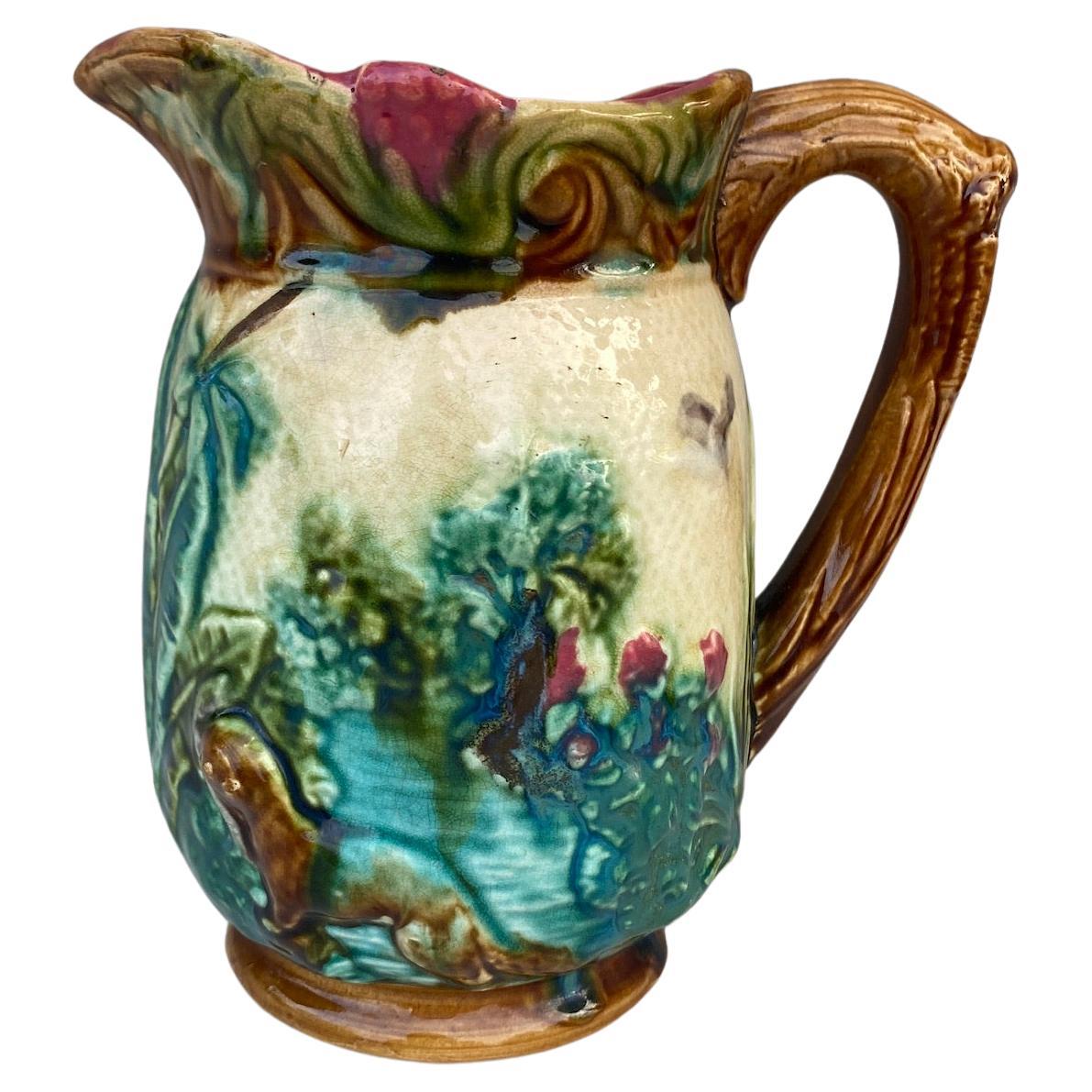 French Majolica otter pitcher signed Onnaing, circa 1900.