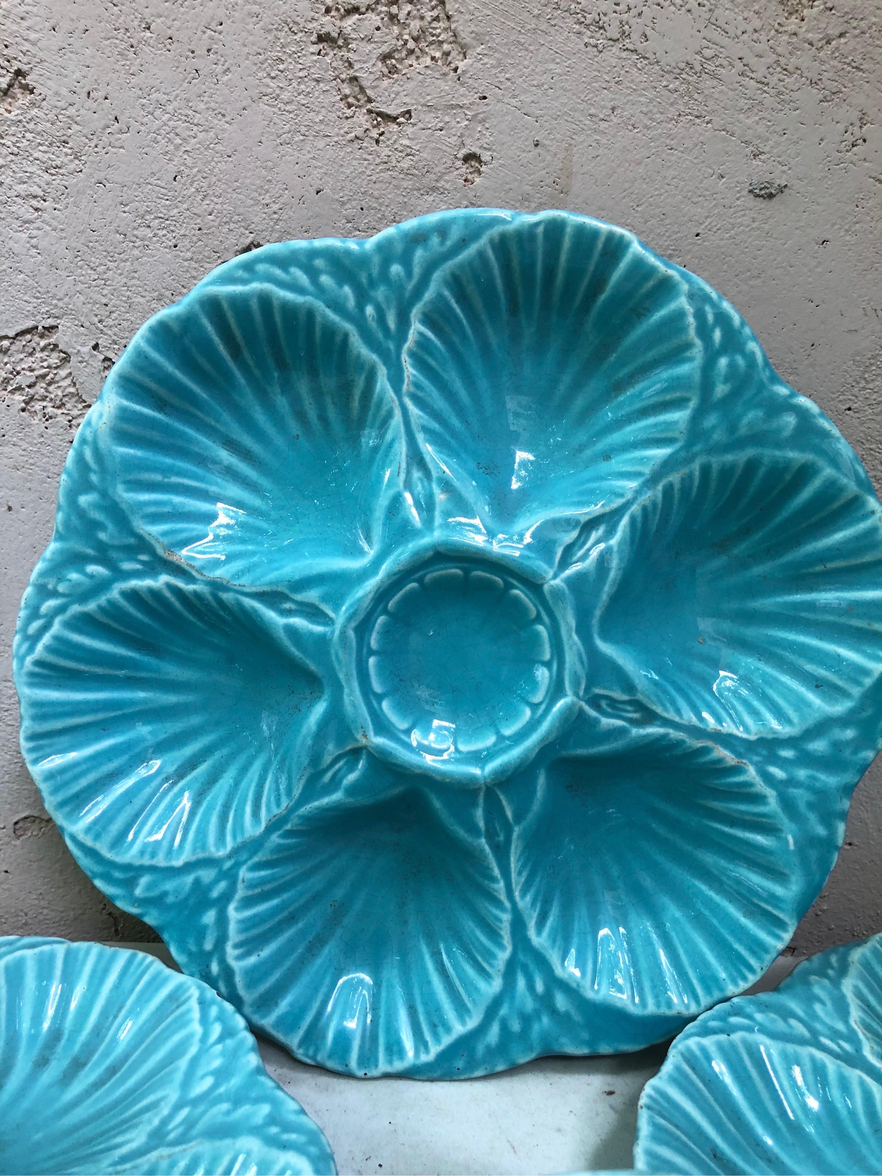 Victorian French Majolica Oyster Aqua Plate Sarreguemines, circa 1890