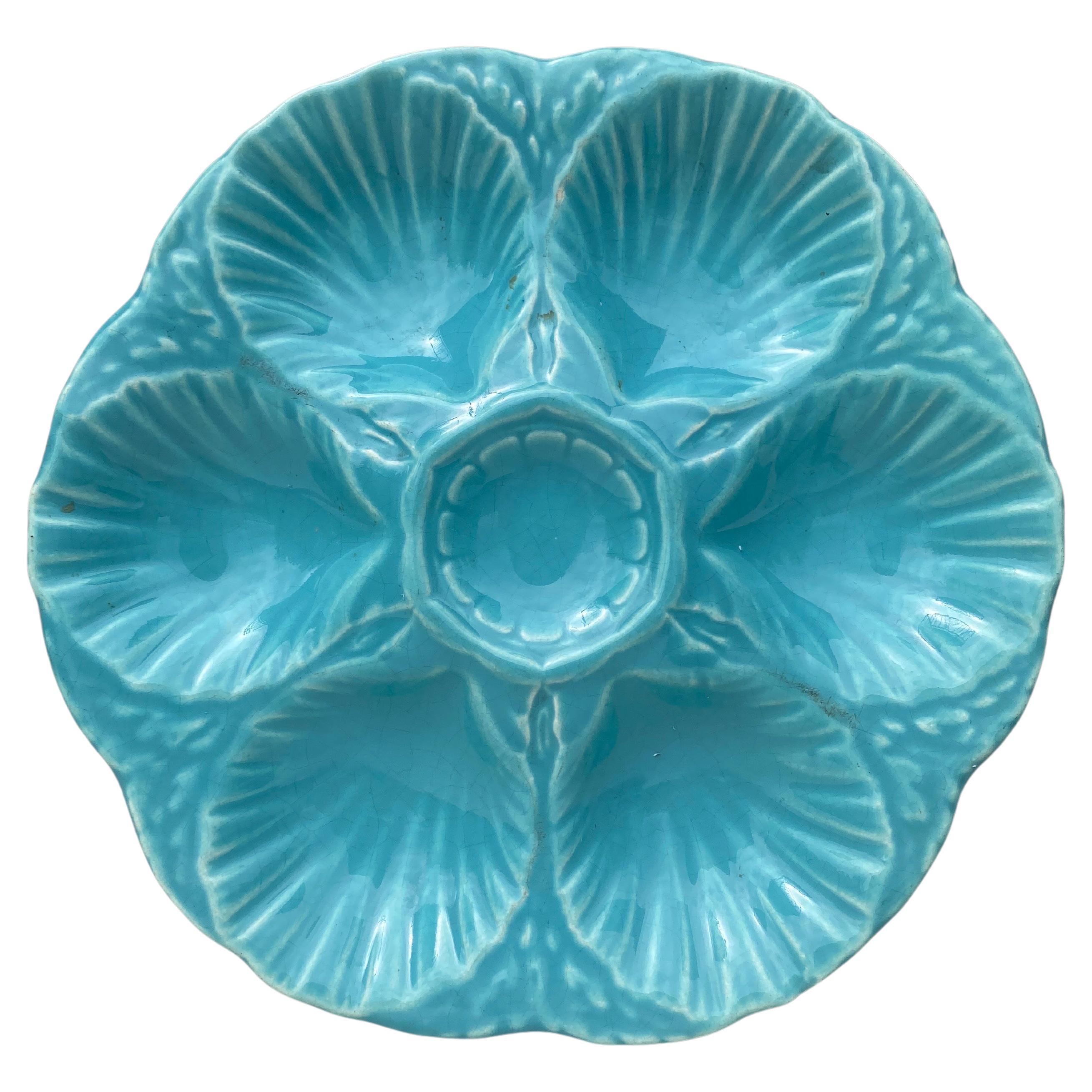 French Majolica Oyster Aqua Turquoise Plate Sarreguemines, circa 1870 For Sale