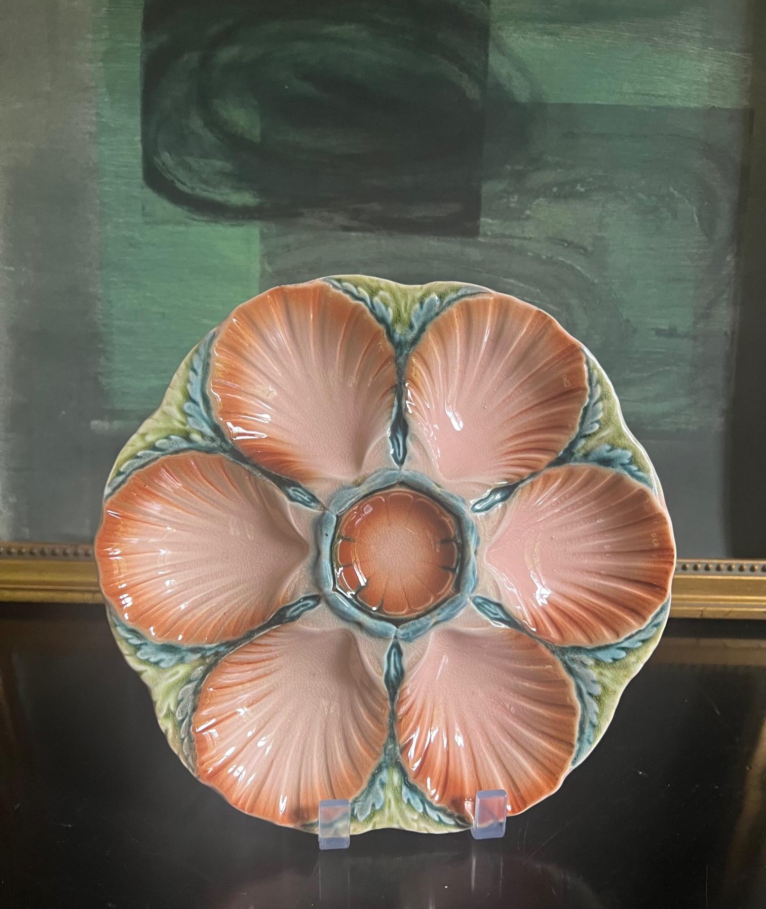 Hand-Painted French Majolica Oyster Plate by Sarreguemines, C. 1890's