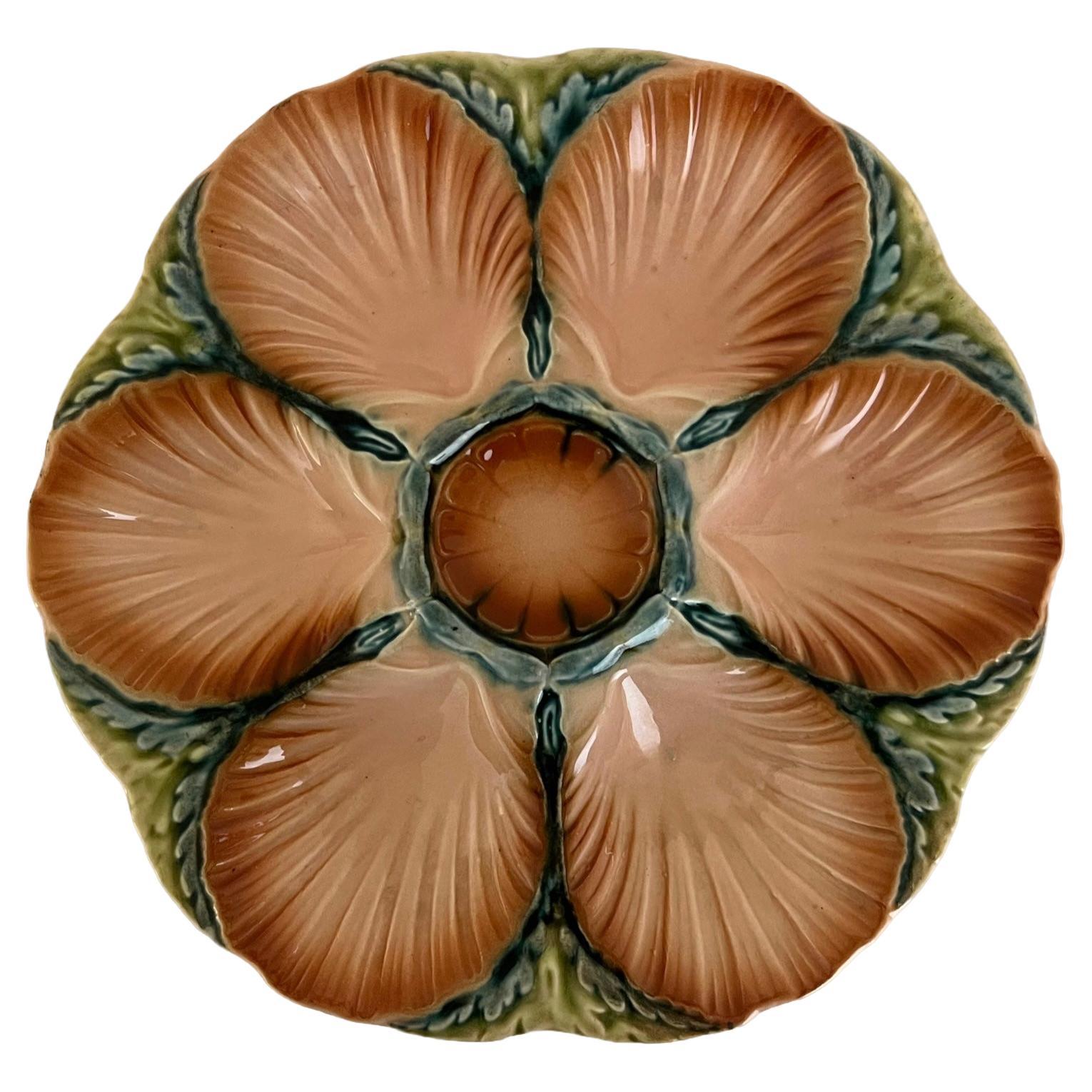 French Majolica Oyster Plate by Sarreguemines, C. 1890's