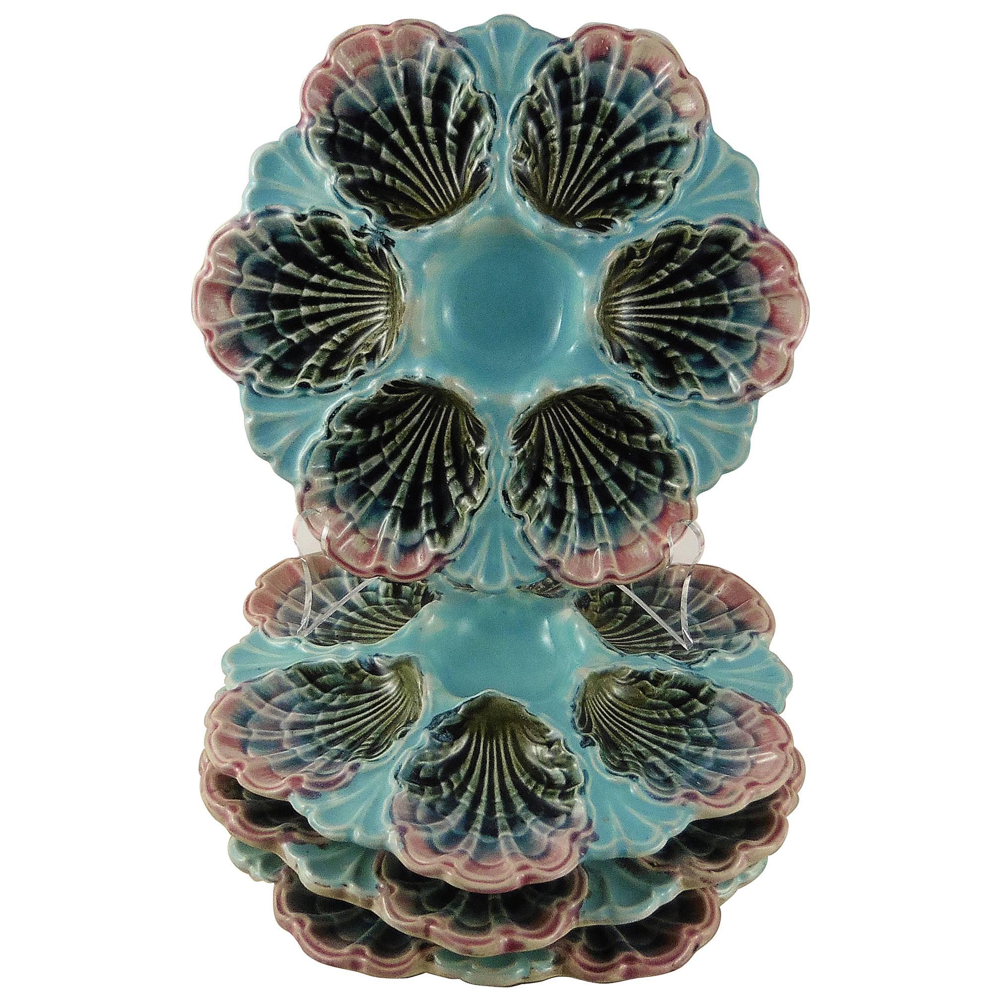 French Majolica Oyster Plate Fives Lille, circa 1890 1