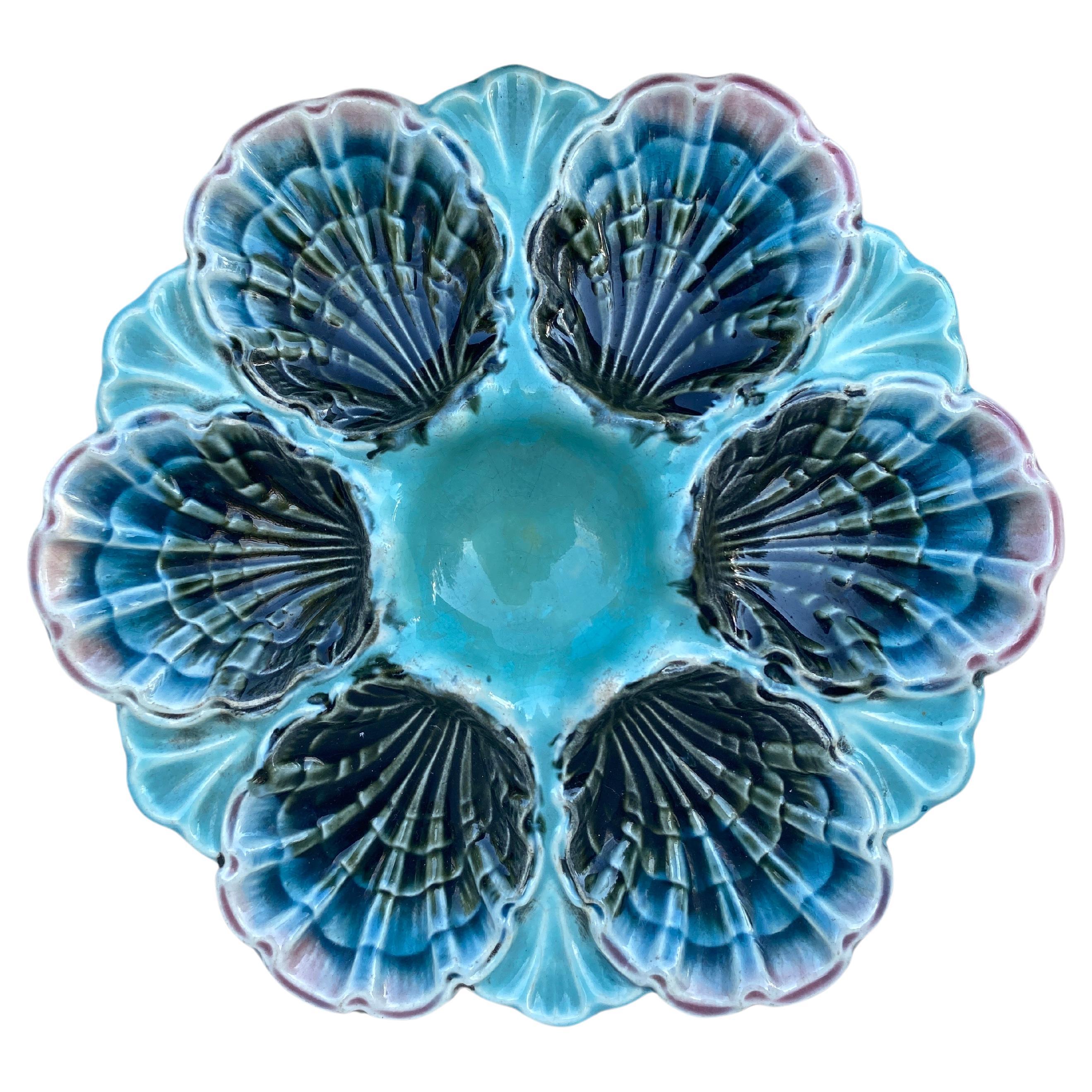 French Majolica Oyster Plate Fives Lille, circa 1890 For Sale