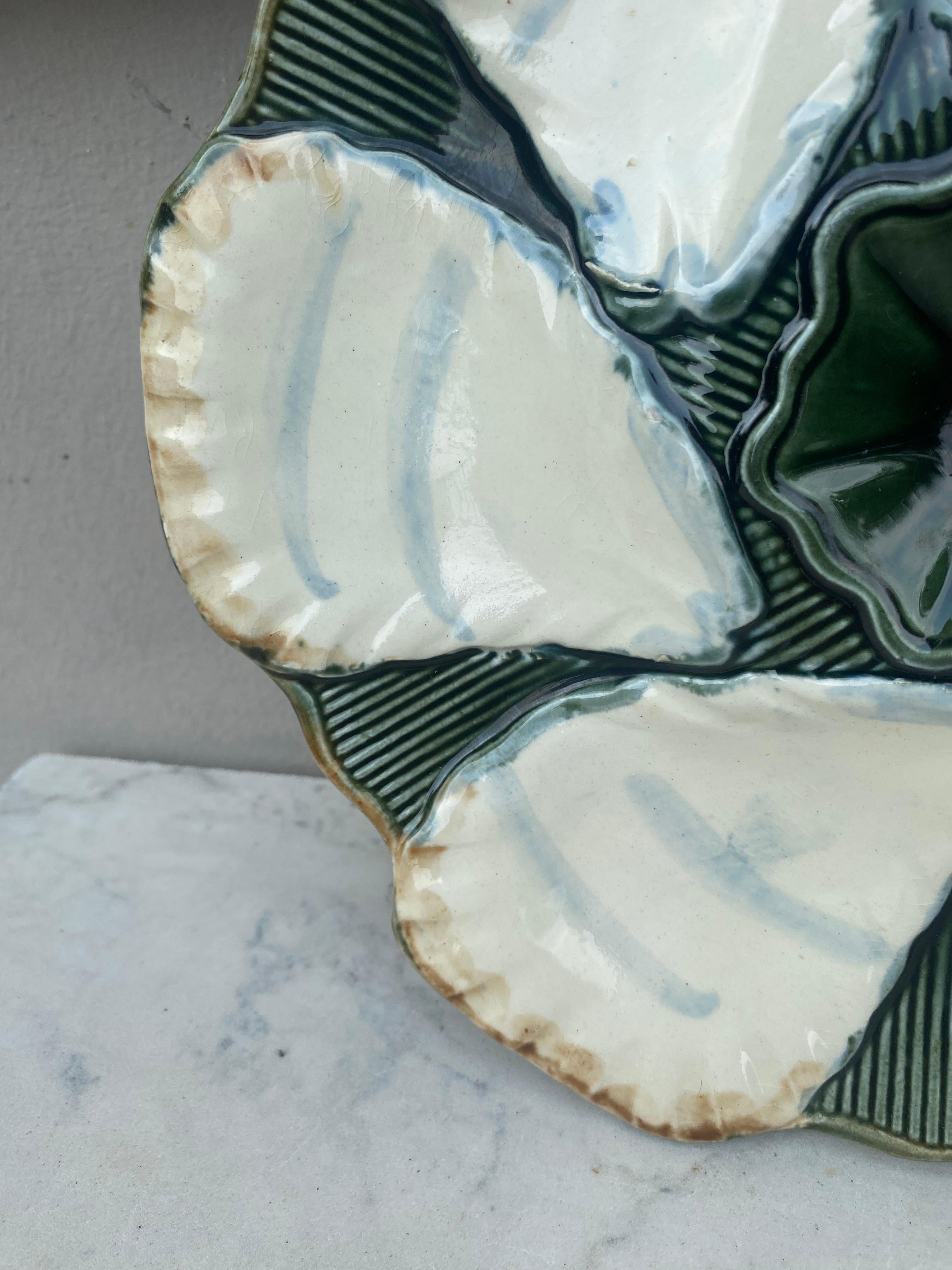 Set of 3 French Majolica oyster plate signed Longchamp, circa 1900.