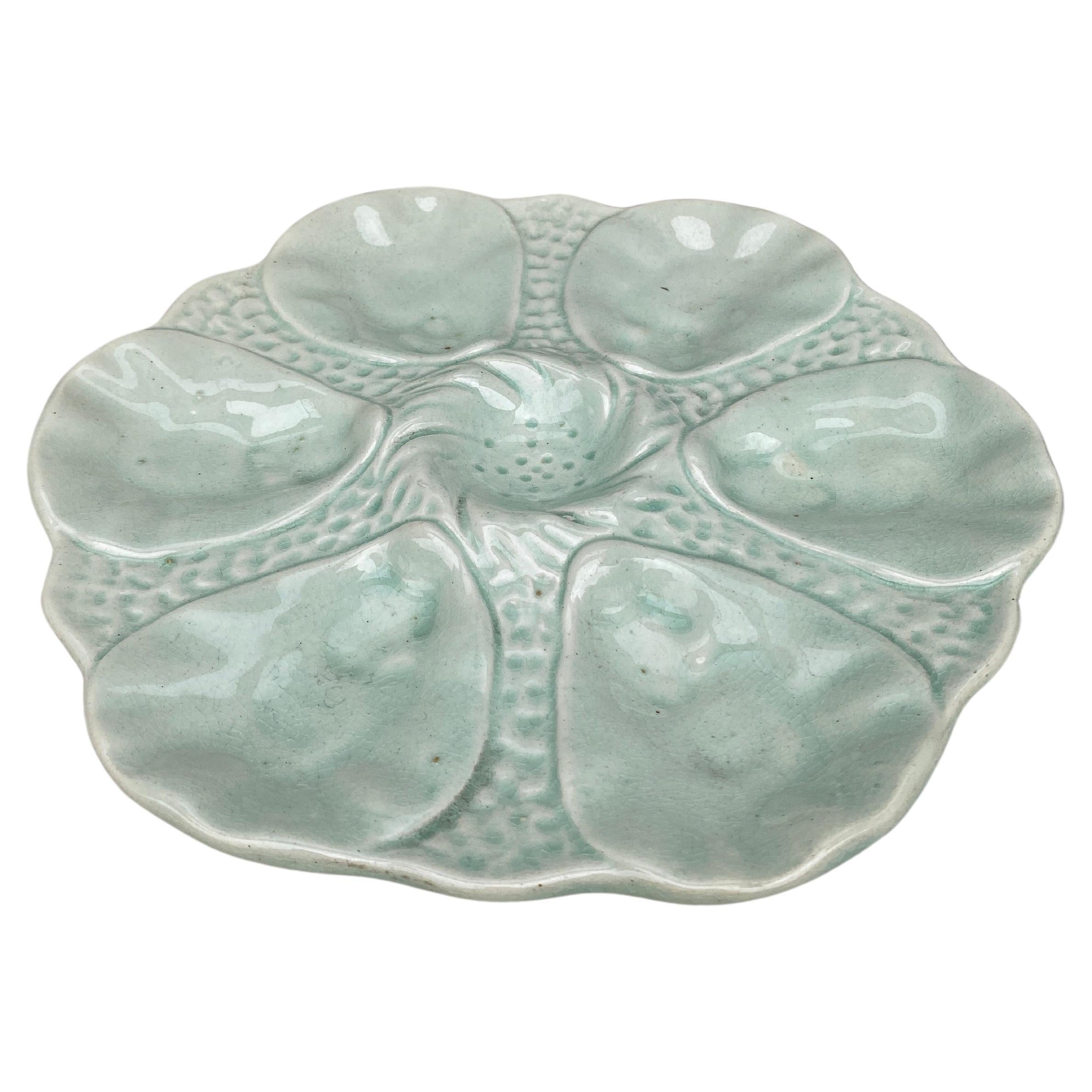 French Majolica Celadon oyster plate Orchies, circa 1910.