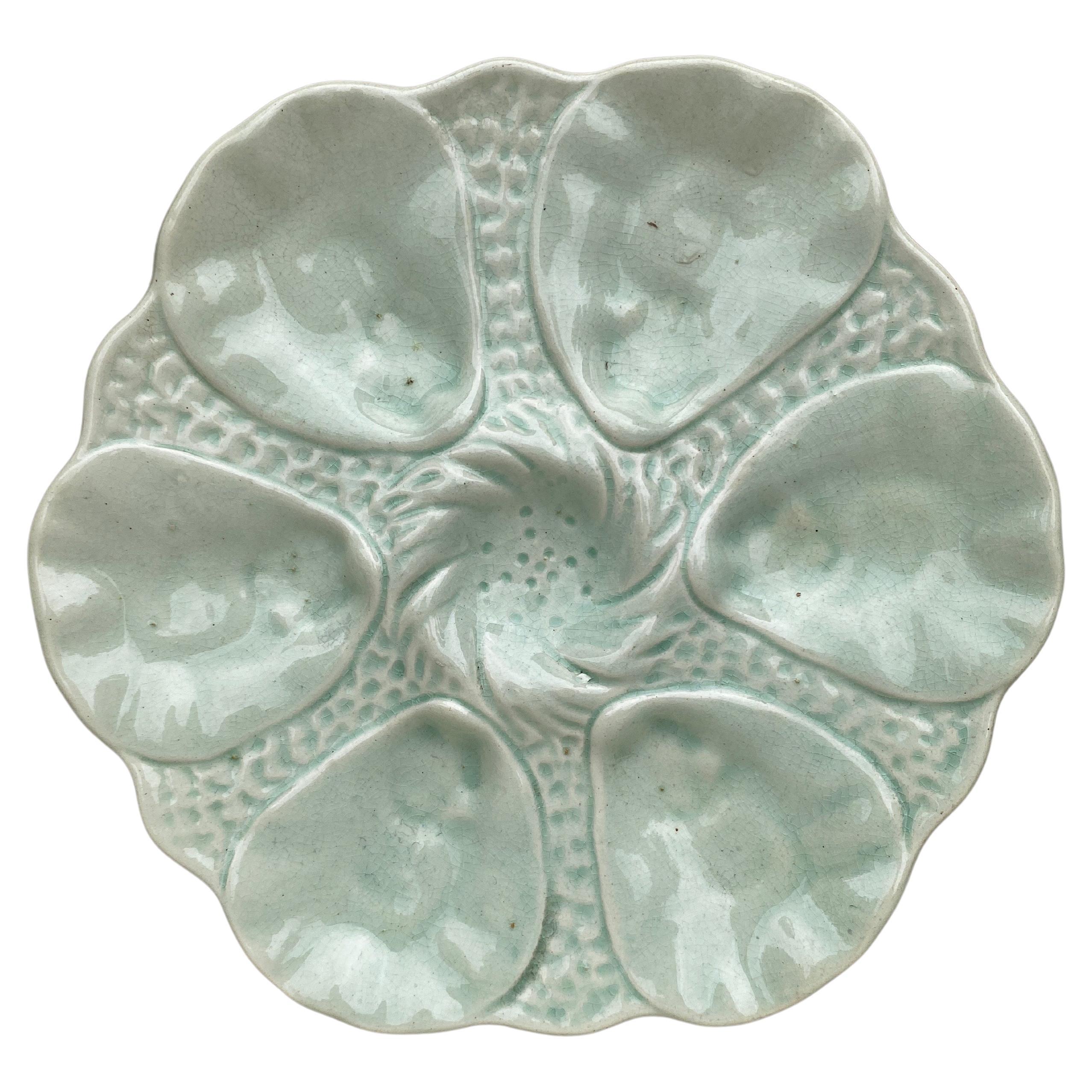 French Majolica Celadon Oyster Plate Orchies, circa 1910 For Sale