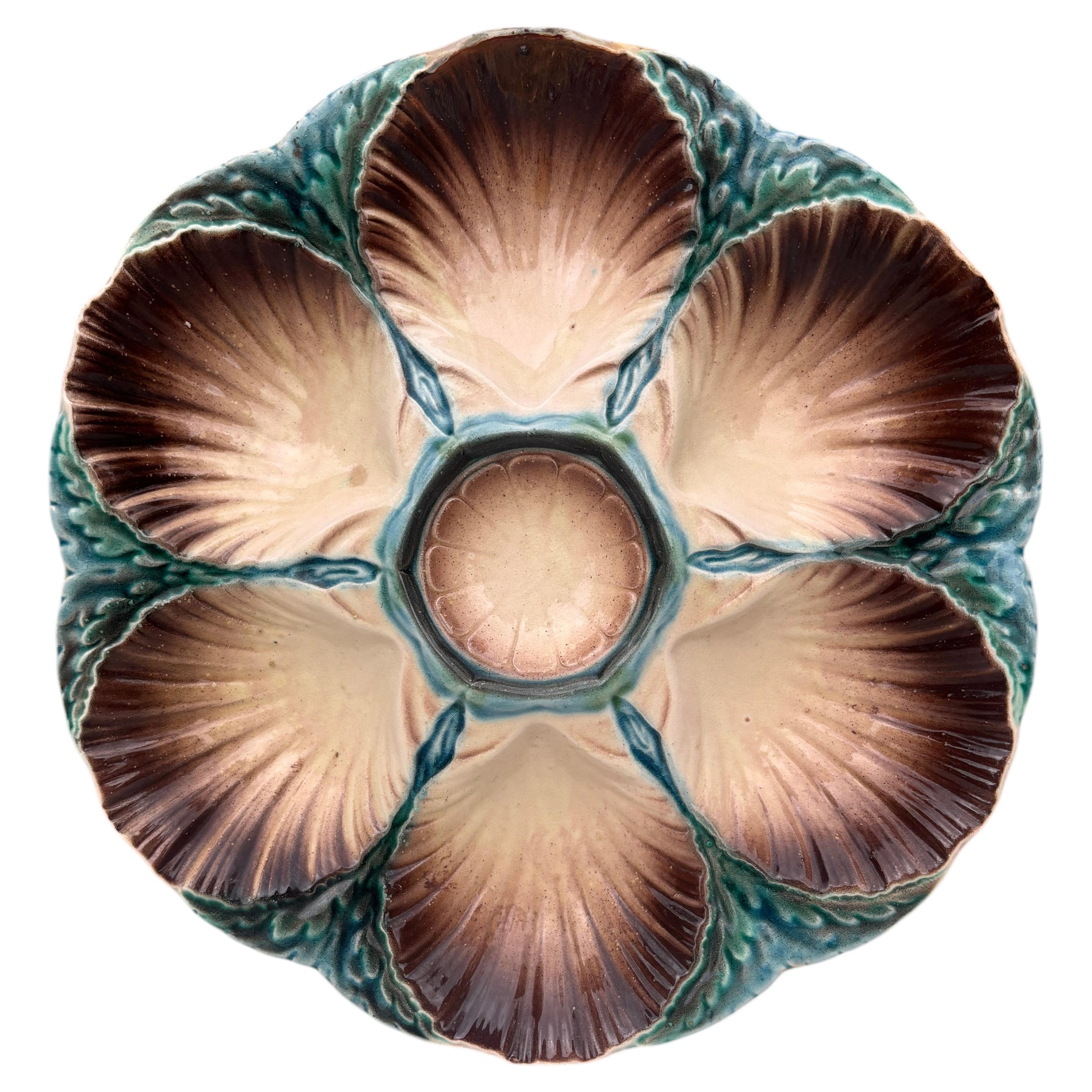 French Majolica Oyster Plate Sarreguemines, circa 1890