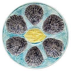 Antique French Majolica Oyster Plate With Lemon Circa 1890