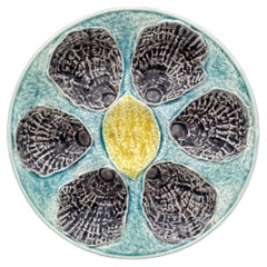 Antique French Majolica Oyster Plate With Lemon Circa 1890