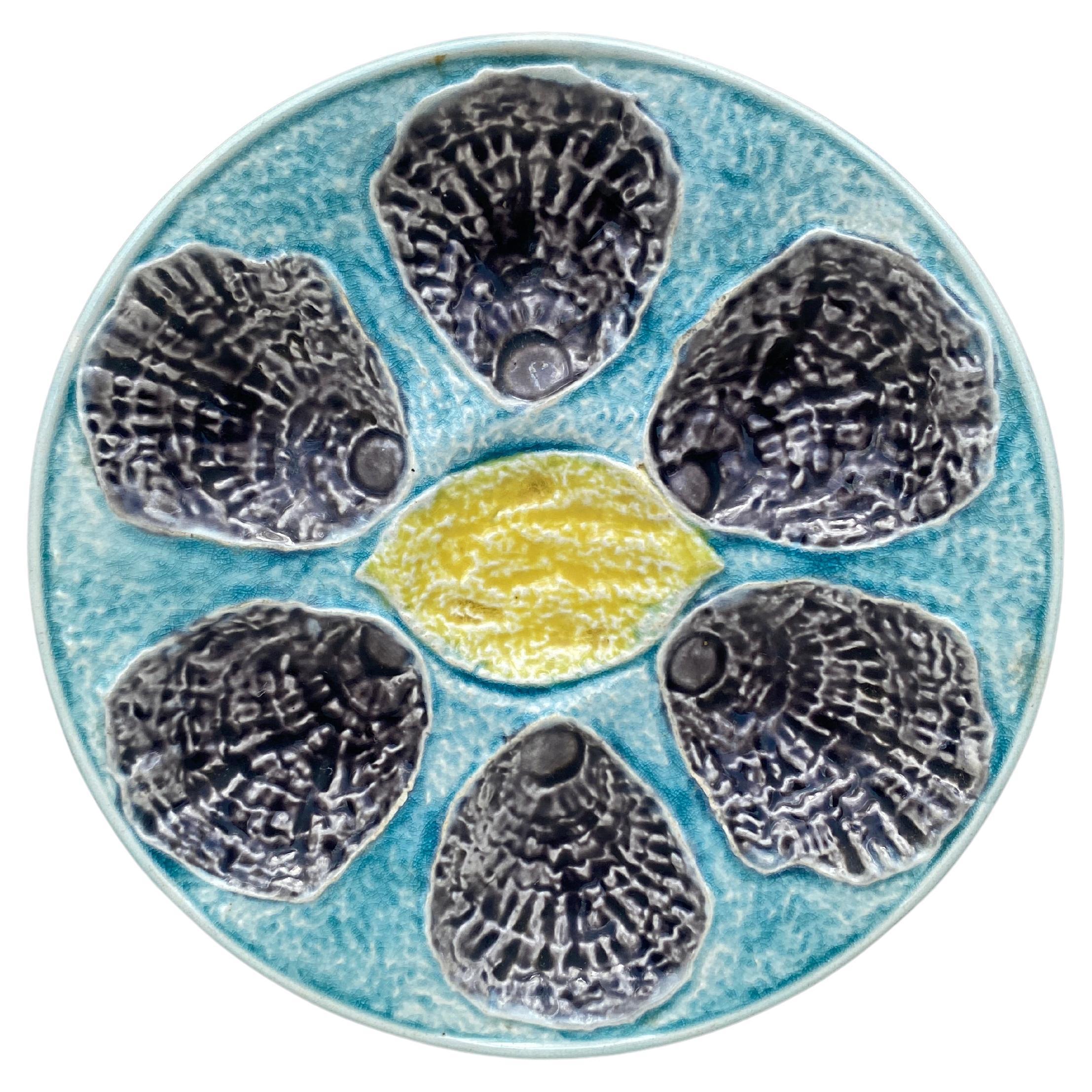 French Majolica Oyster Plate With Lemon Circa 1890