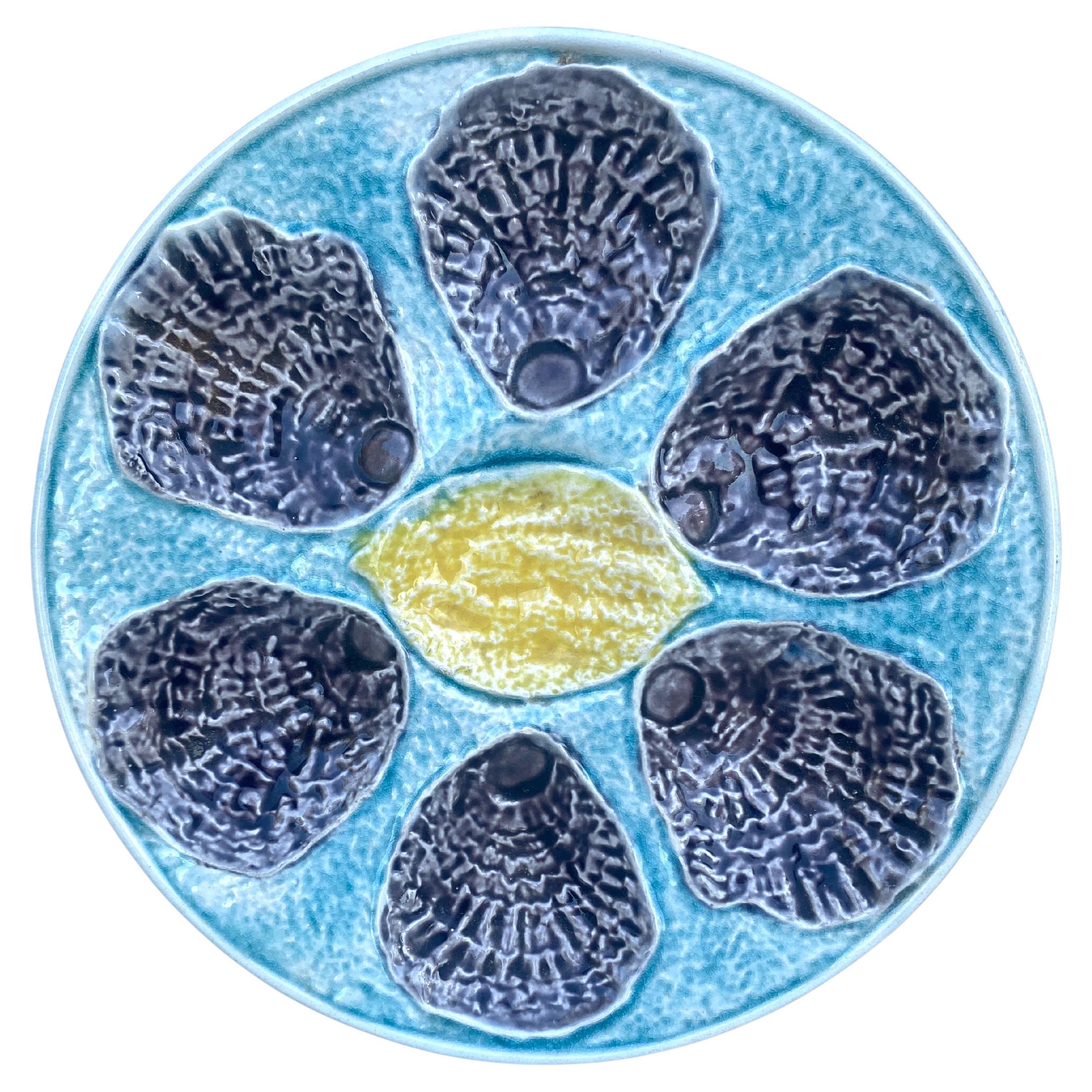French Majolica Oyster Plate With Lemon Circa 1890