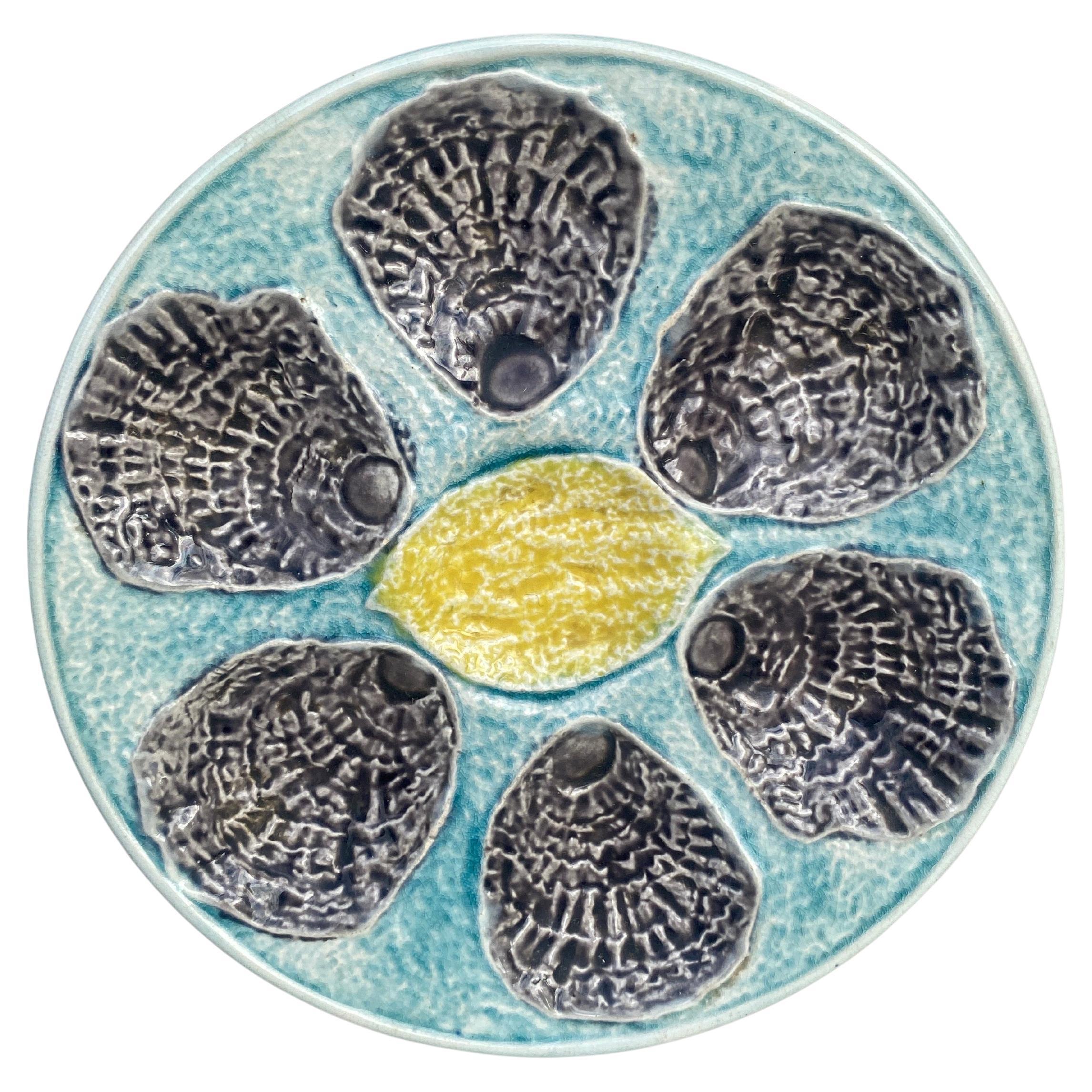French Majolica Oyster Plate With Lemon Circa 1890