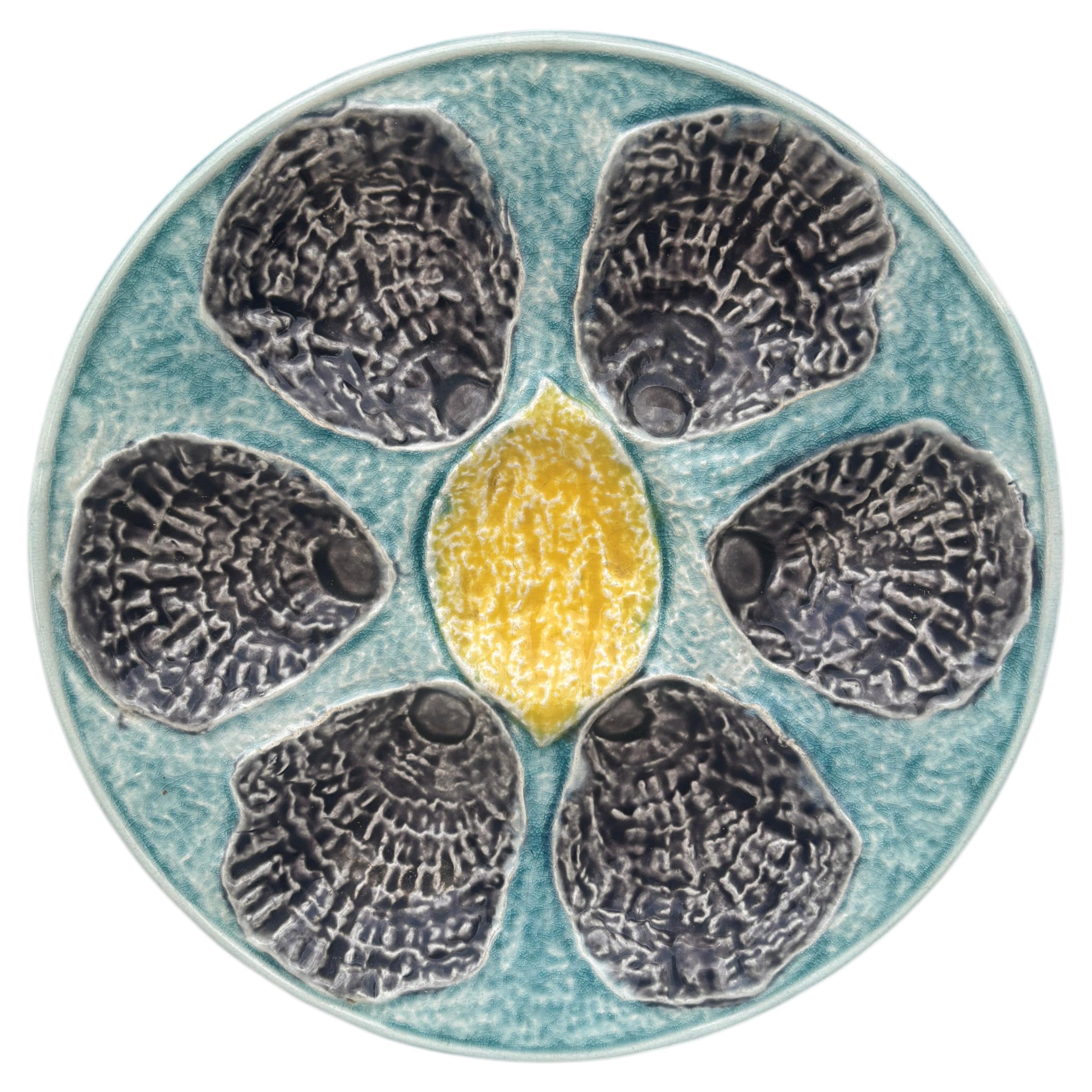French Majolica Oyster Plate With Lemon Circa 1890