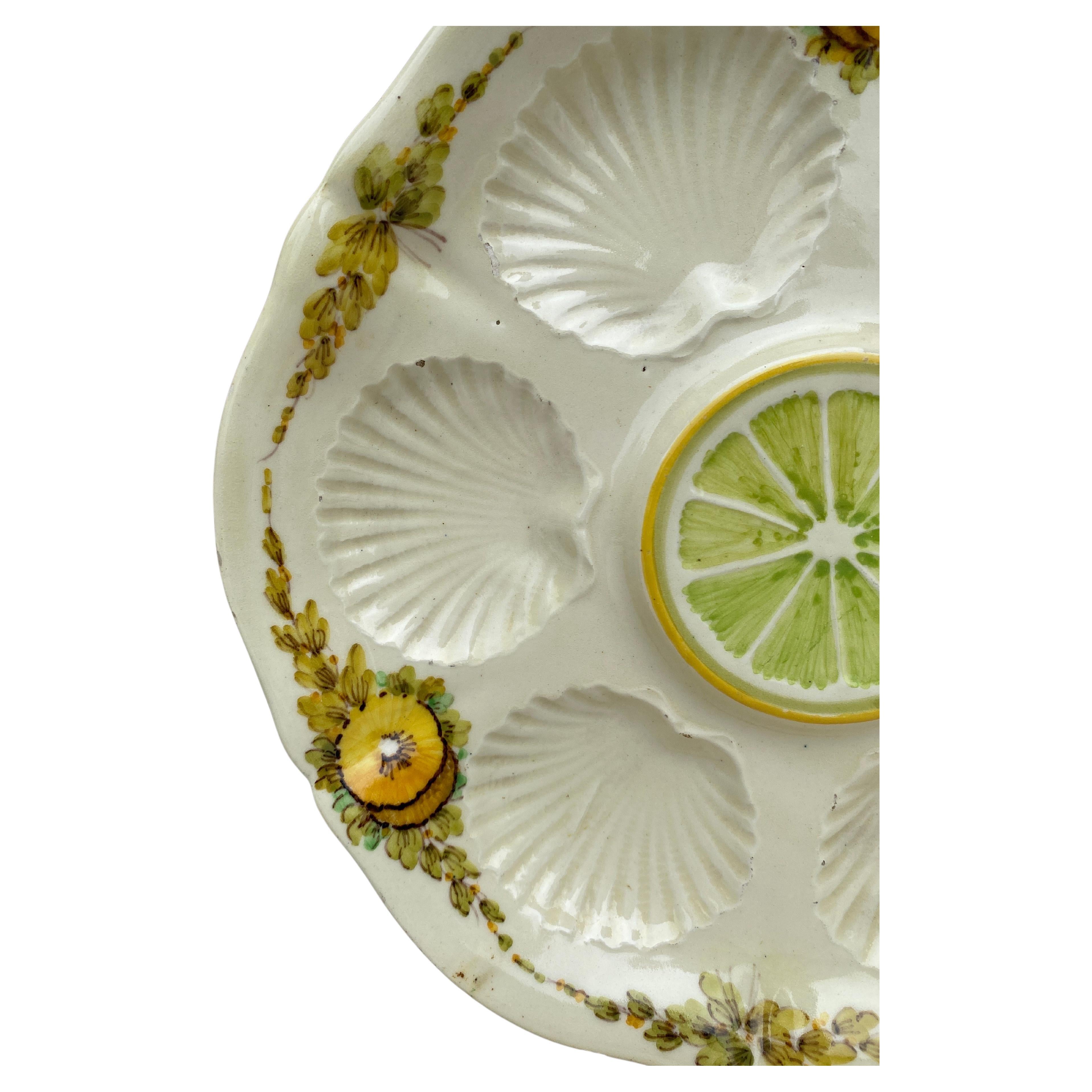 Rustic French Majolica Oyster Plate With Yellow Flowers, circa 1890 For Sale