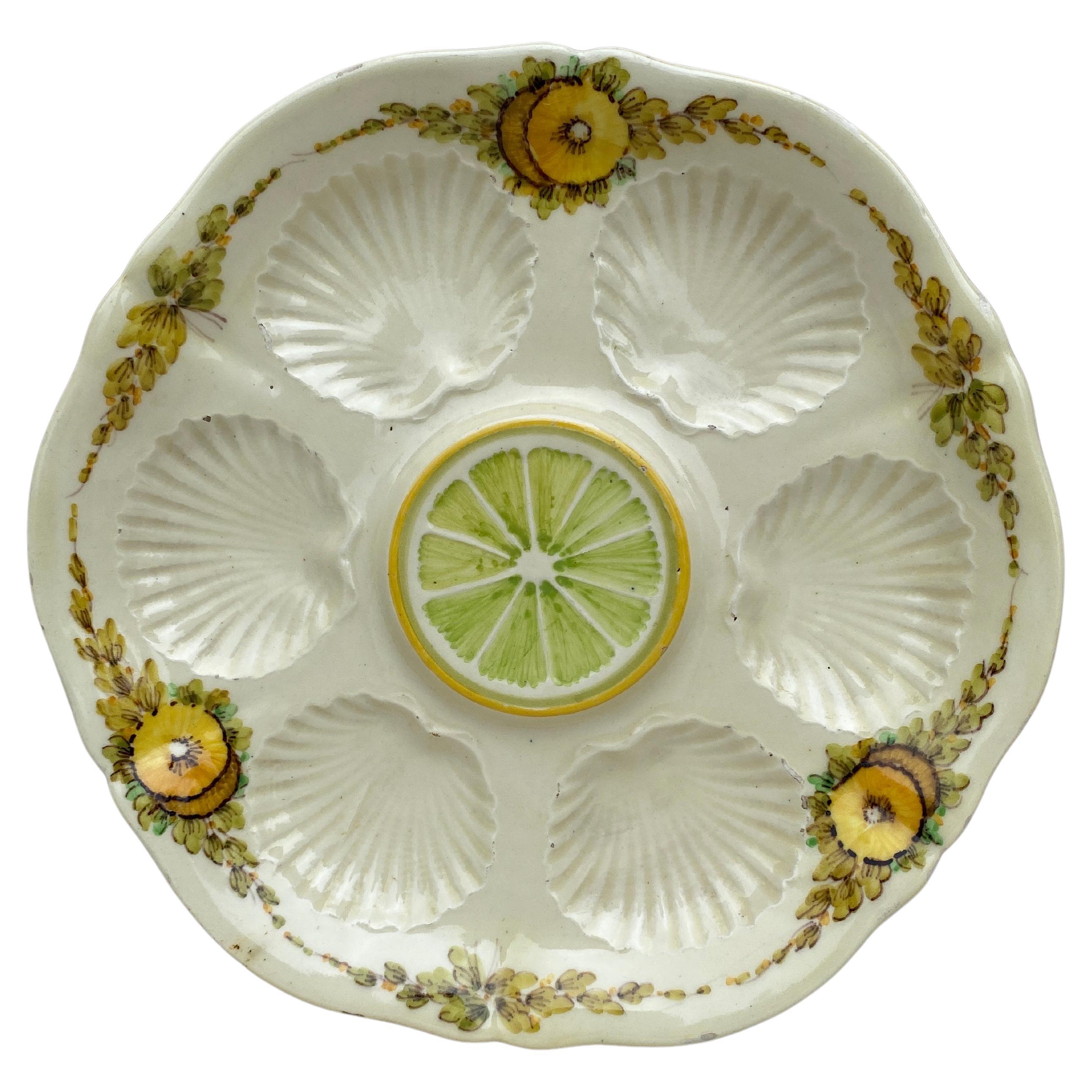 French Majolica Oyster Plate With Yellow Flowers, circa 1890 For Sale