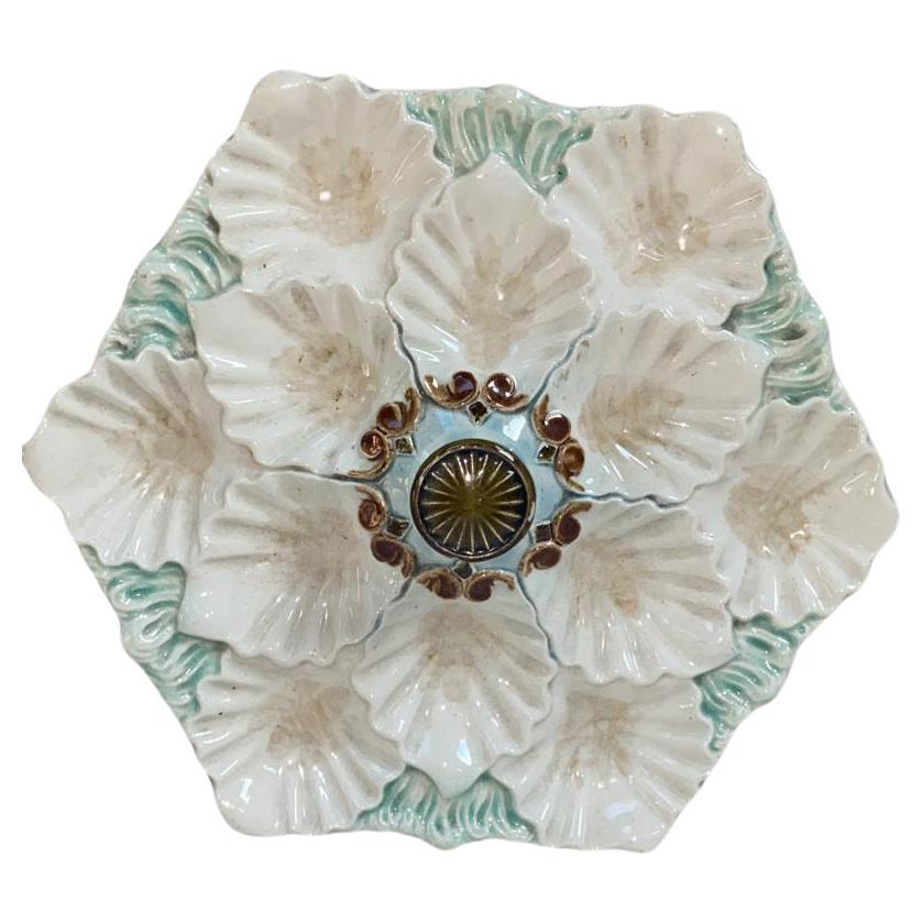 Plato de ostras de mayólica francesa Orchies, circa 1900
