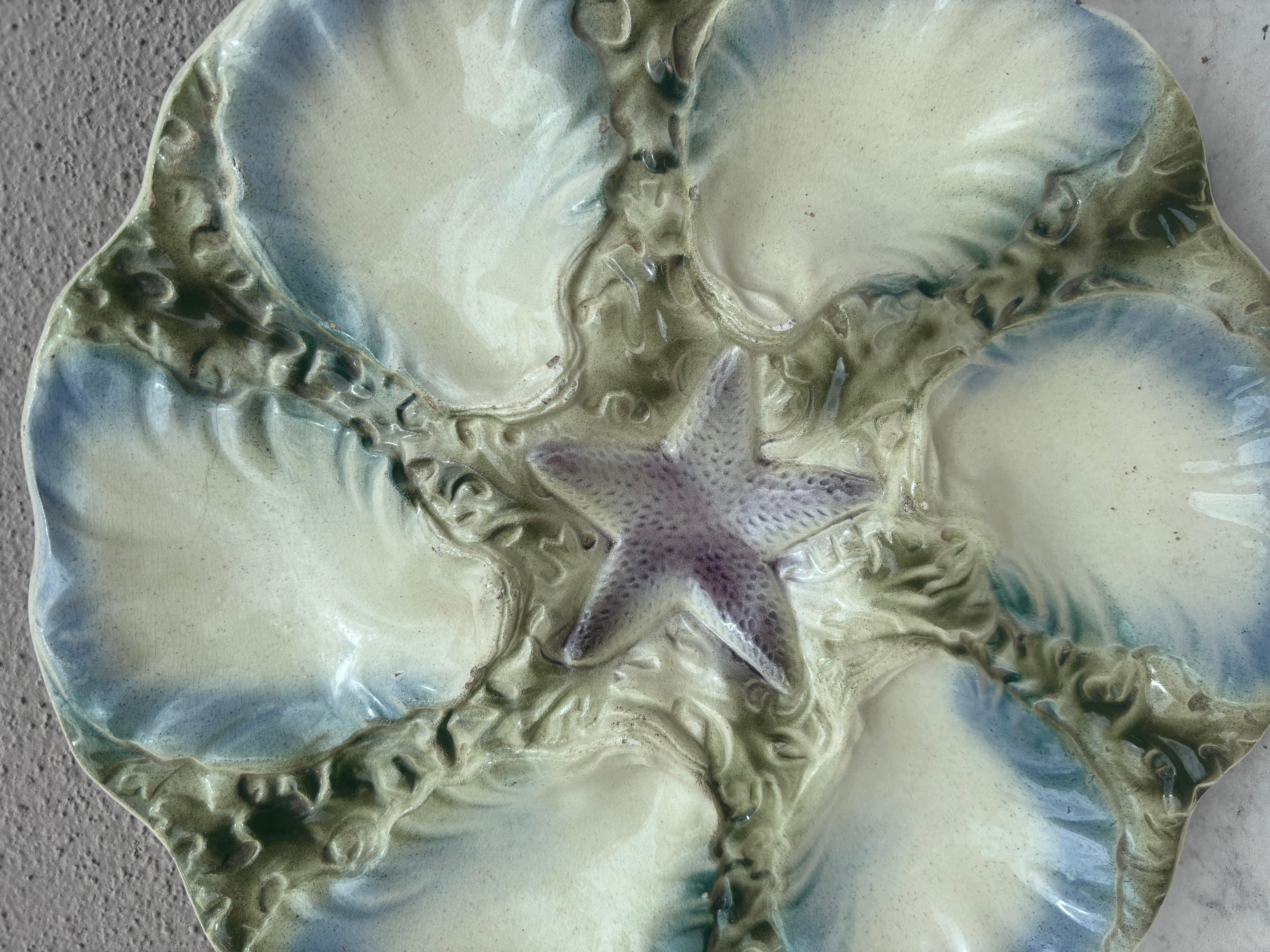 French Provincial French Majolica Oyster Starfish Plate Digoin, circa 1900 For Sale