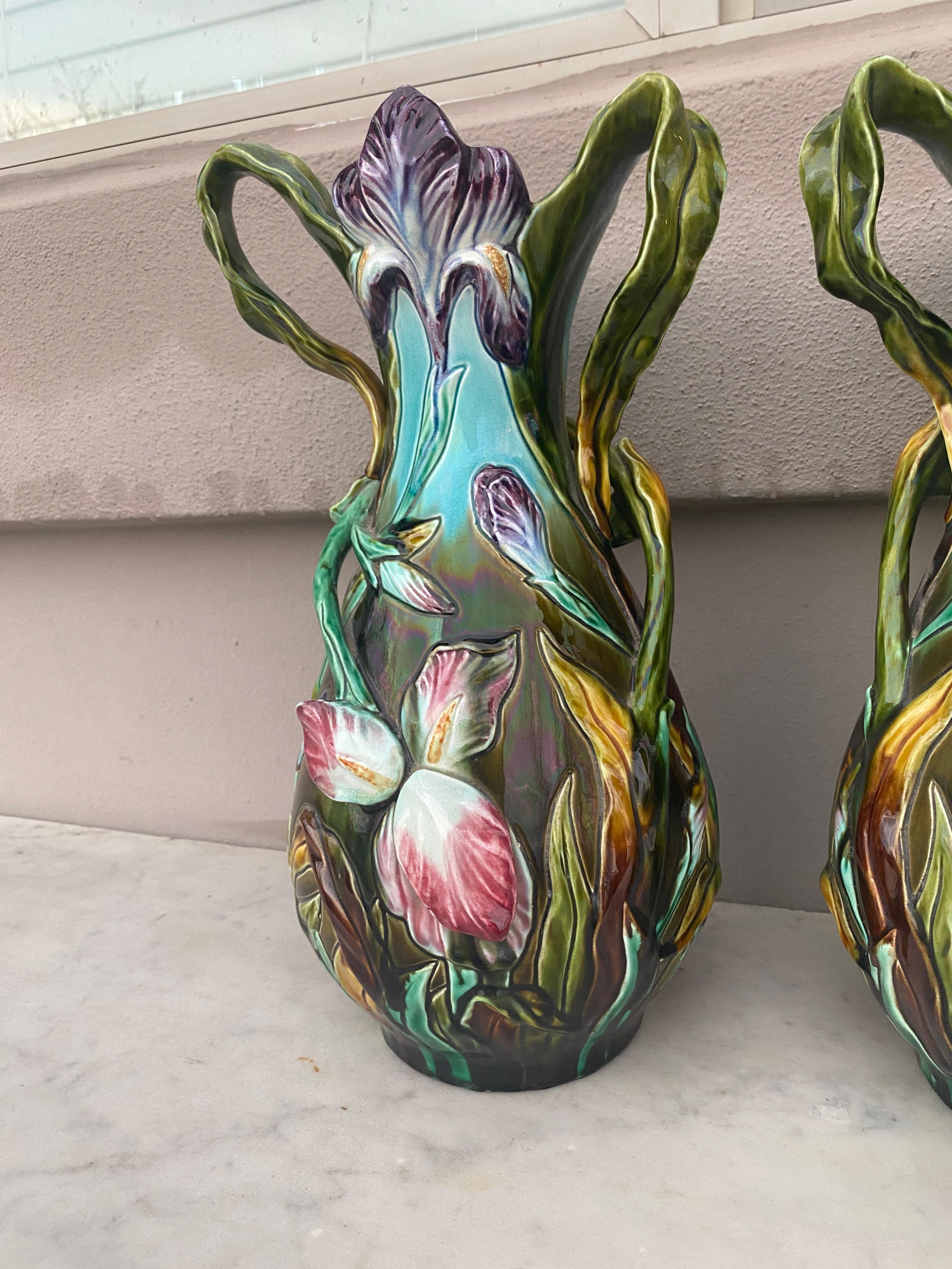 Art Nouveau French Majolica Pair of Iris Vases Orchies, circa 1890 For Sale