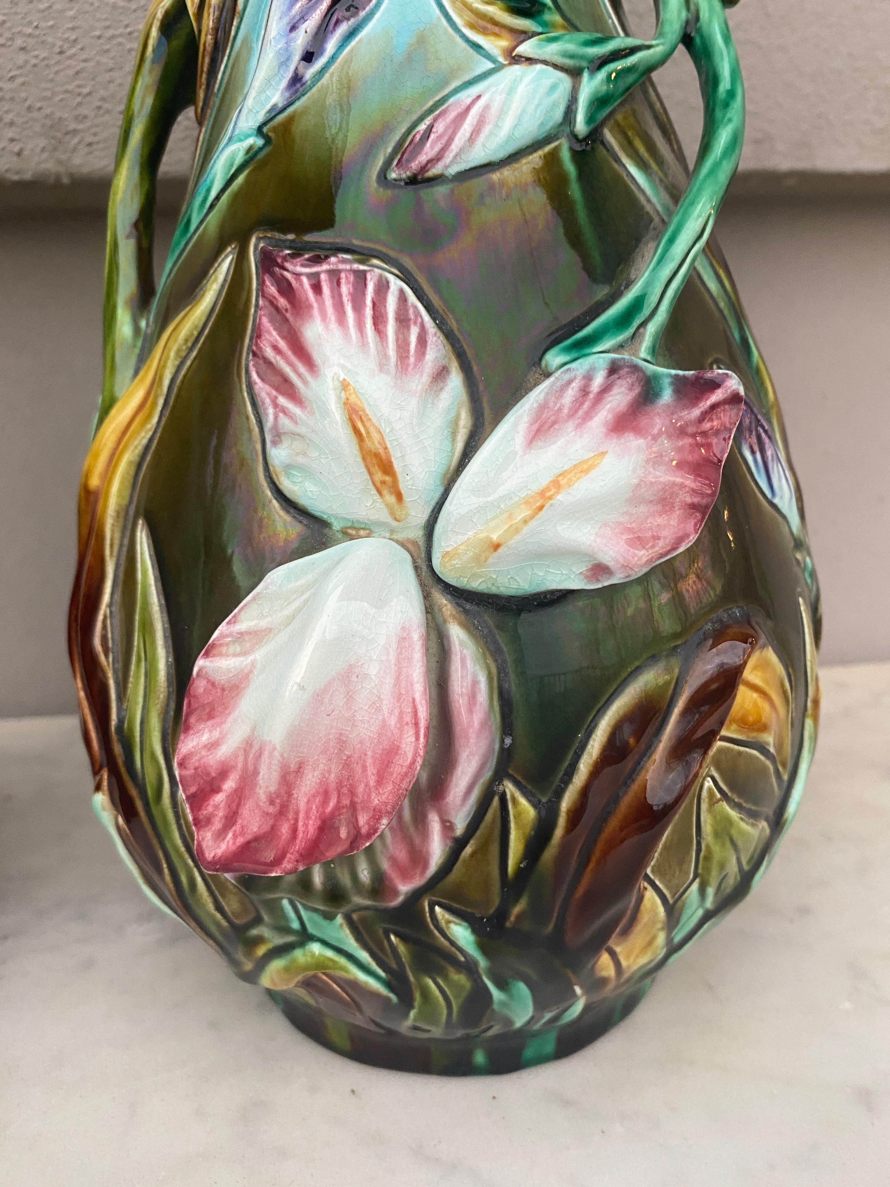 Late 19th Century French Majolica Pair of Iris Vases Orchies, circa 1890 For Sale