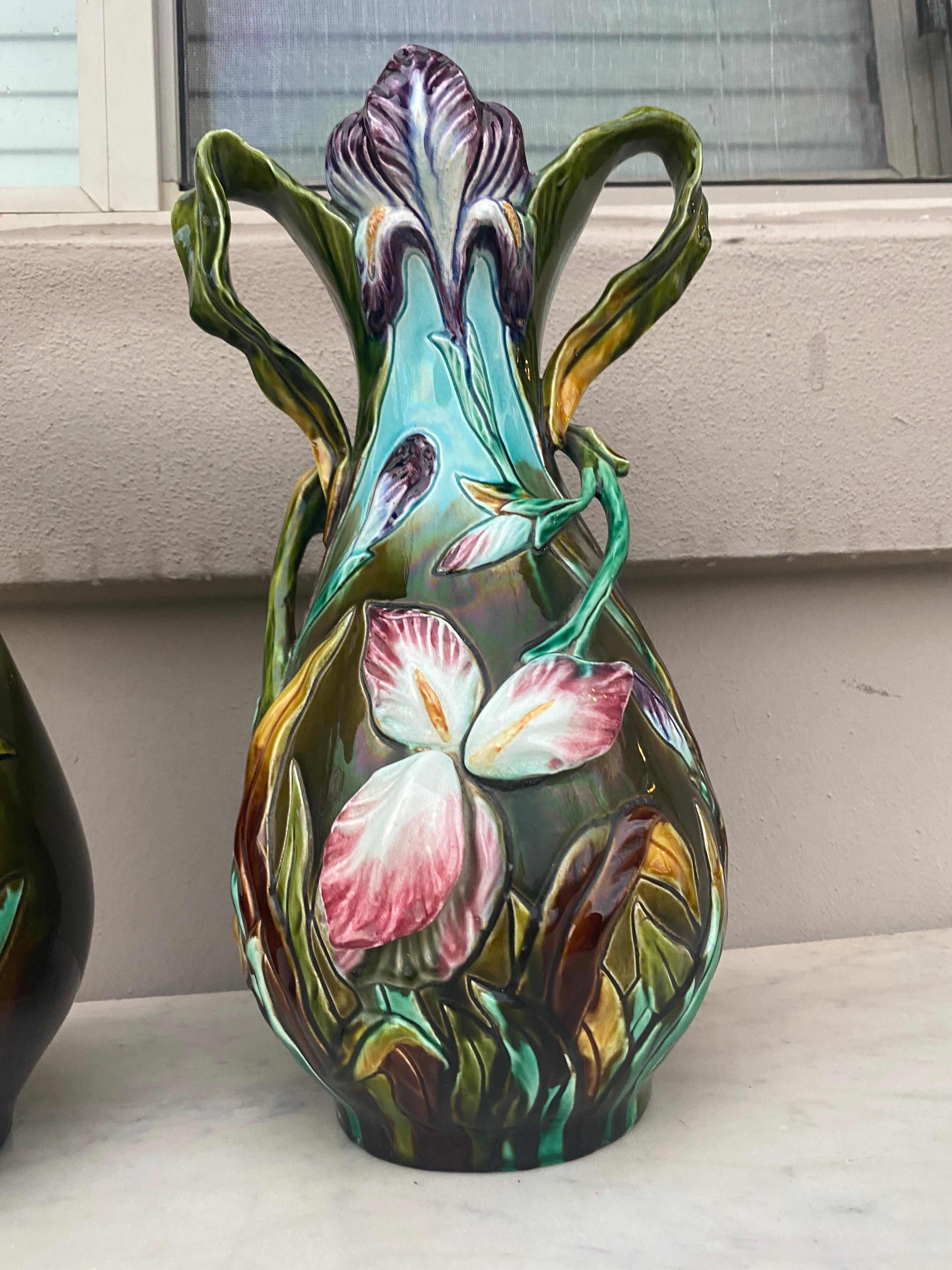 Ceramic French Majolica Pair of Iris Vases Orchies, circa 1890 For Sale
