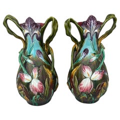 French Majolica Pair of Iris Vases Orchies, circa 1890
