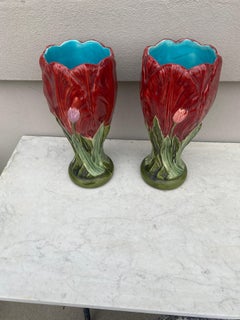 French Majolica Pair of Red Tulip Vases, circa 1890