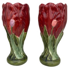 French Majolica Pair of Red Tulip Vases, circa 1890