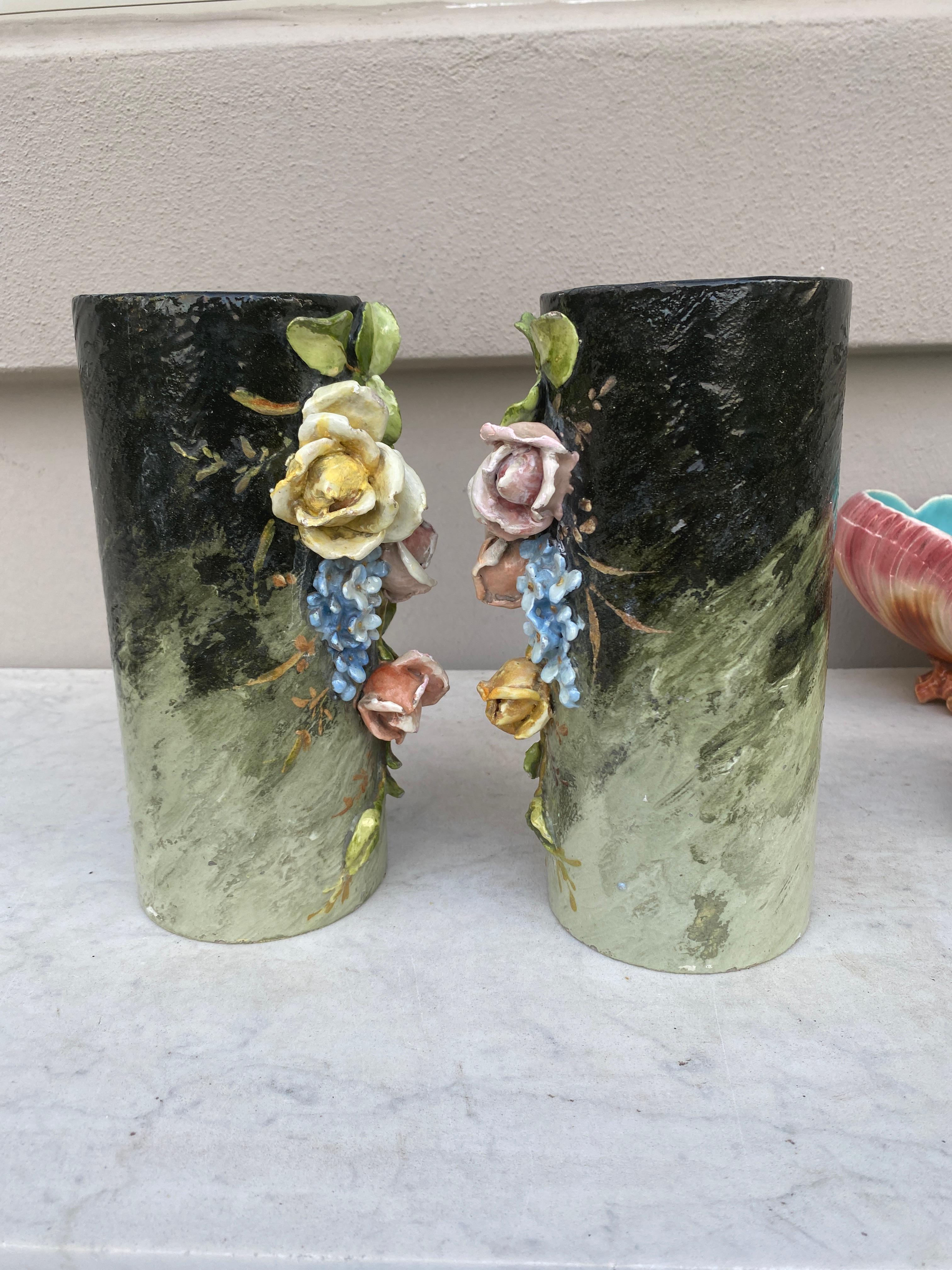 Romantic French Majolica Pair of Vases with Painted Edouard Gilles, circa 1880 For Sale