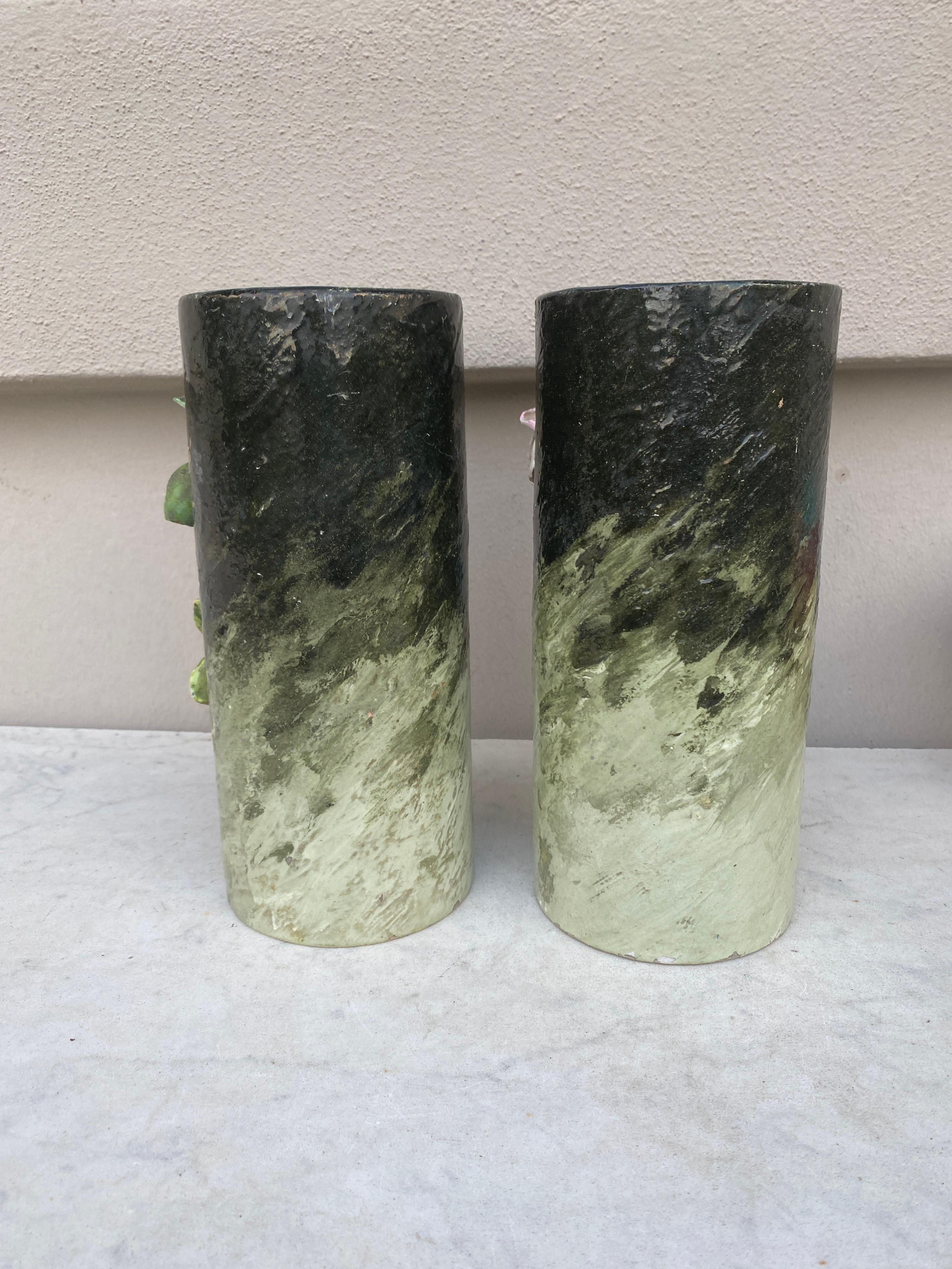 French Majolica Pair of Vases with Painted Edouard Gilles, circa 1880 In Good Condition For Sale In Austin, TX
