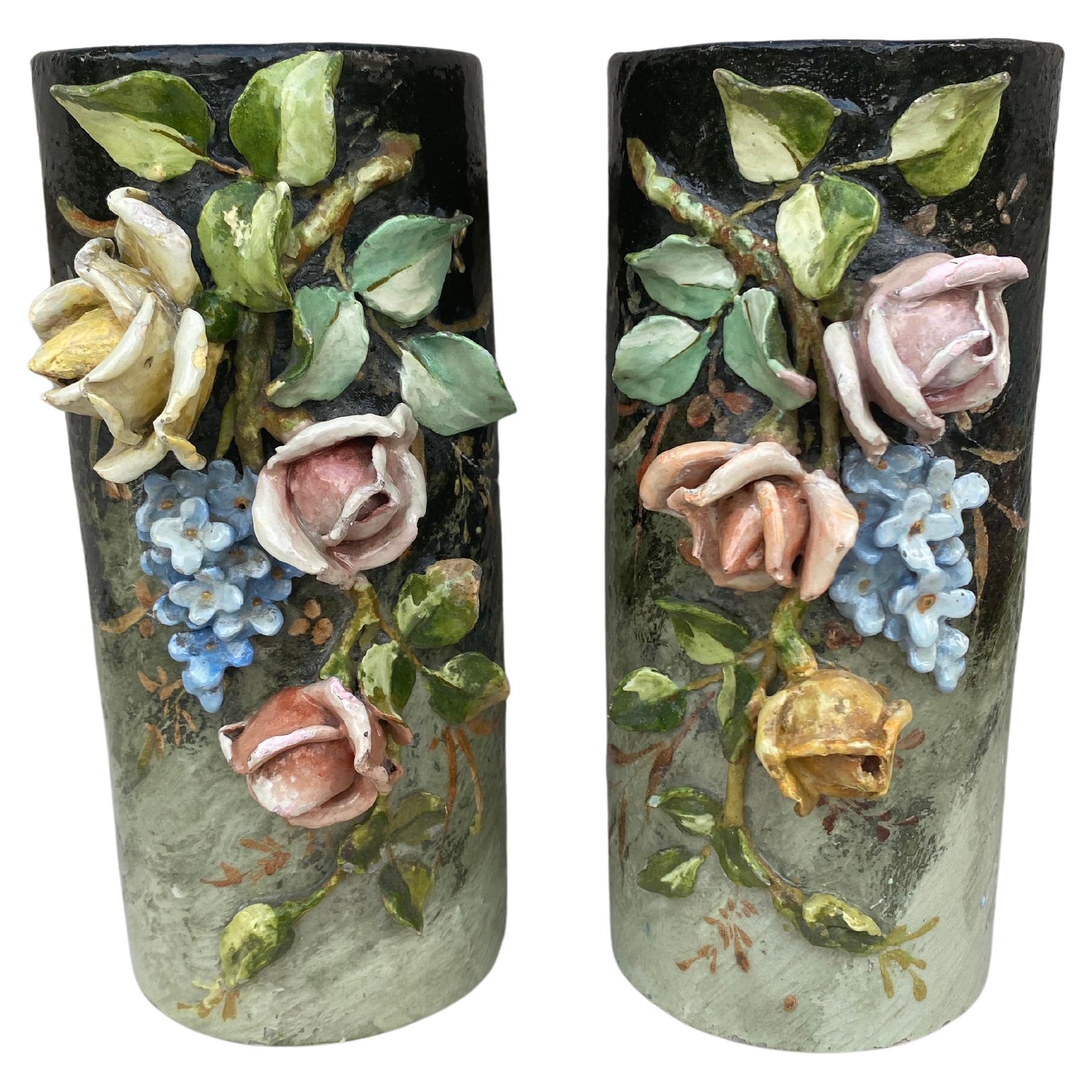 French Majolica Pair of Vases with Painted Edouard Gilles, circa 1880 For Sale