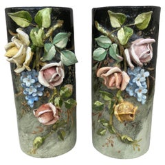 Antique French Majolica Pair of Vases with Painted Edouard Gilles, circa 1880