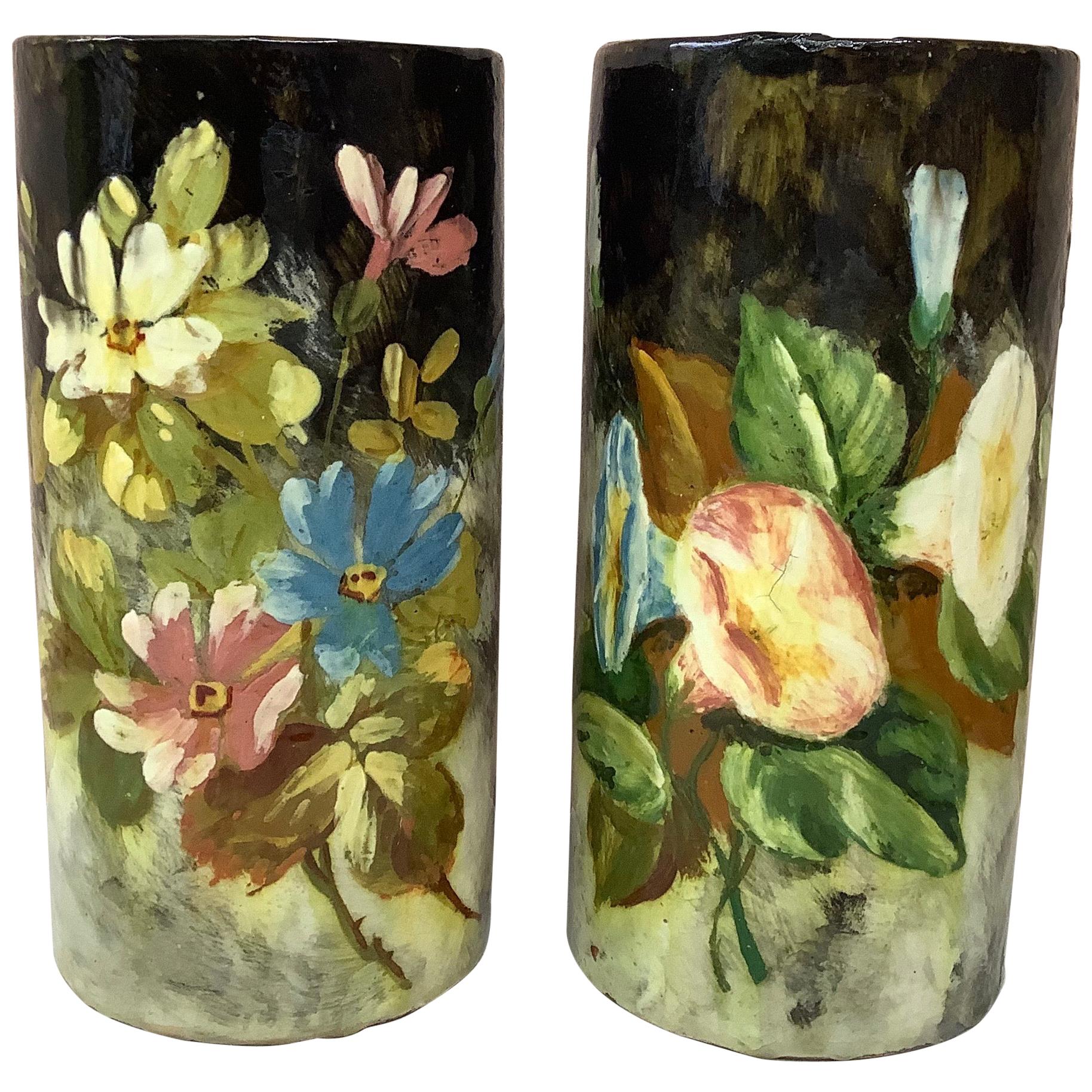 French Majolica Pair of Vases with Painted Flowers Pointu, circa 1880