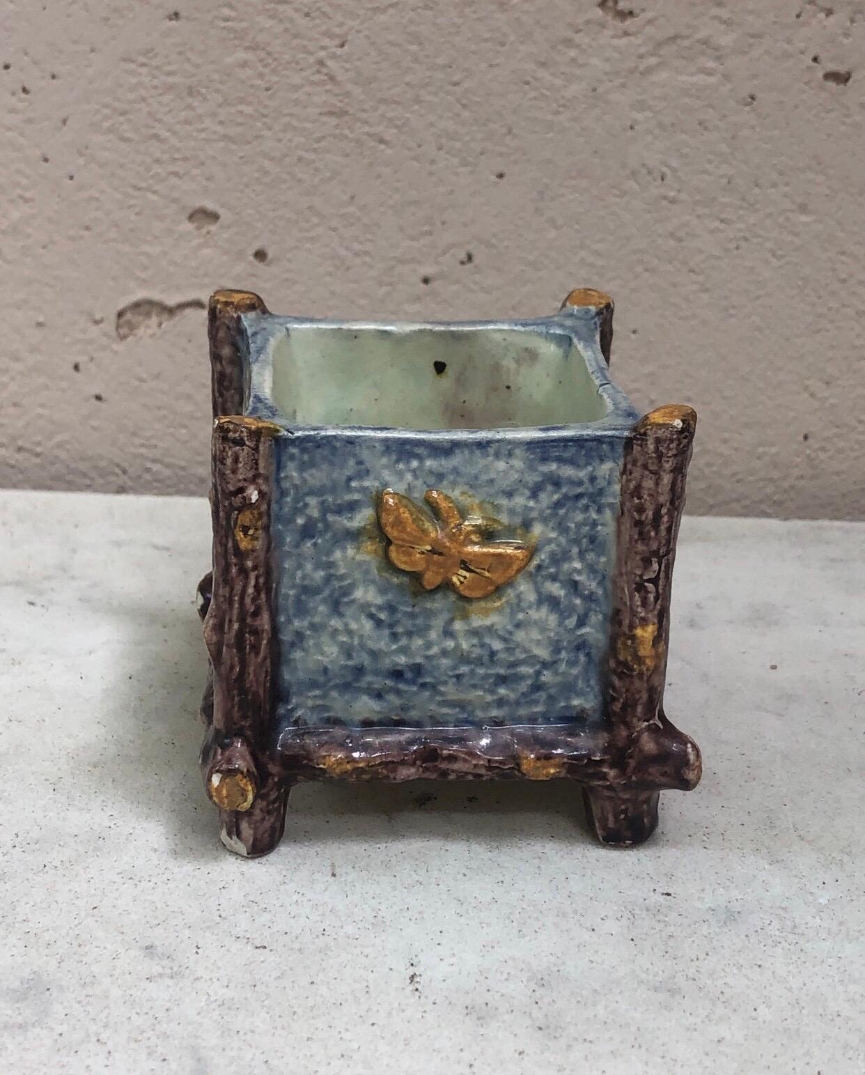 Small French Majolica Palissy Cache Pot signed Thomas Sergent with butterflies, circa 1880.