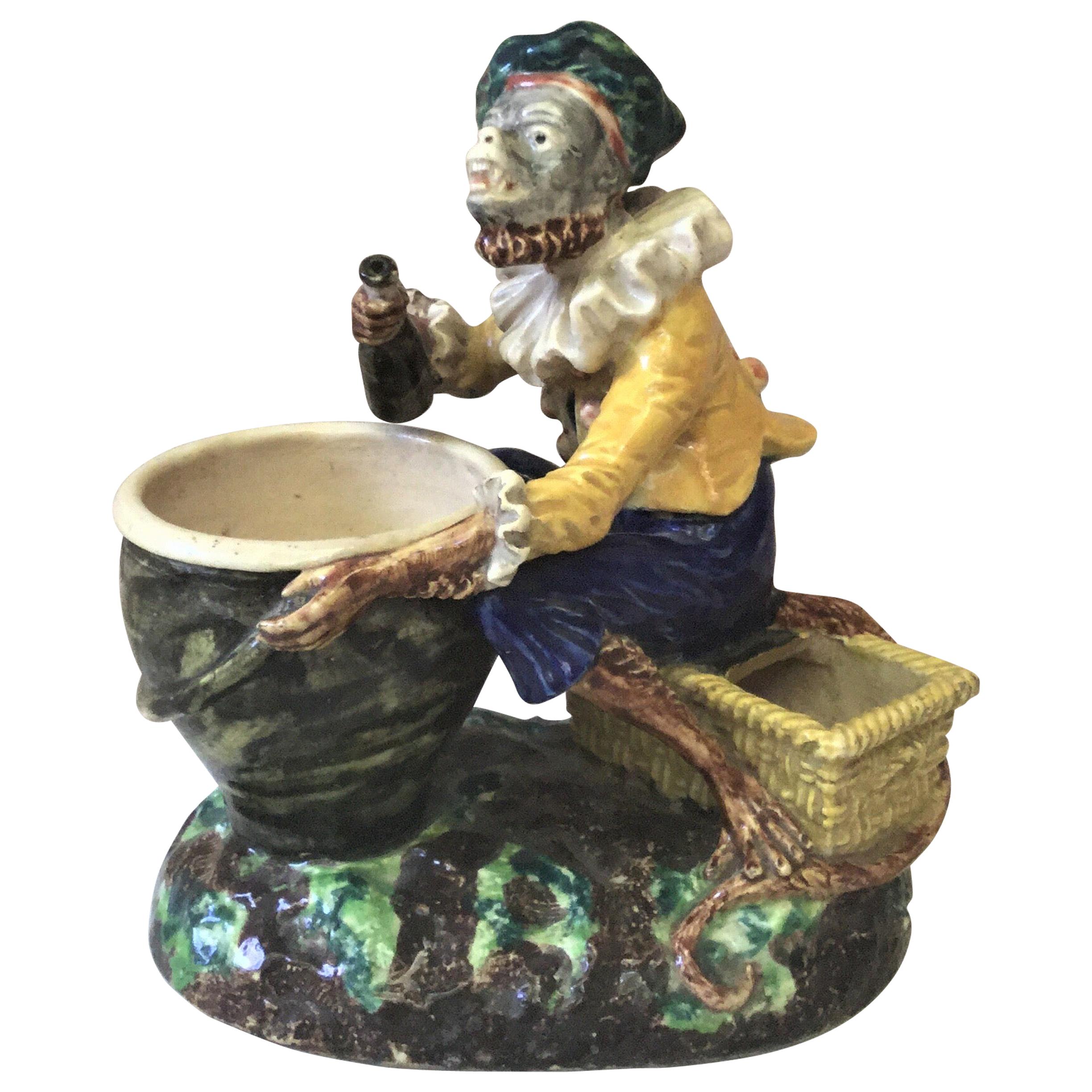 Vaso di maiolica francese Palissy Monkey, 1880 circa
