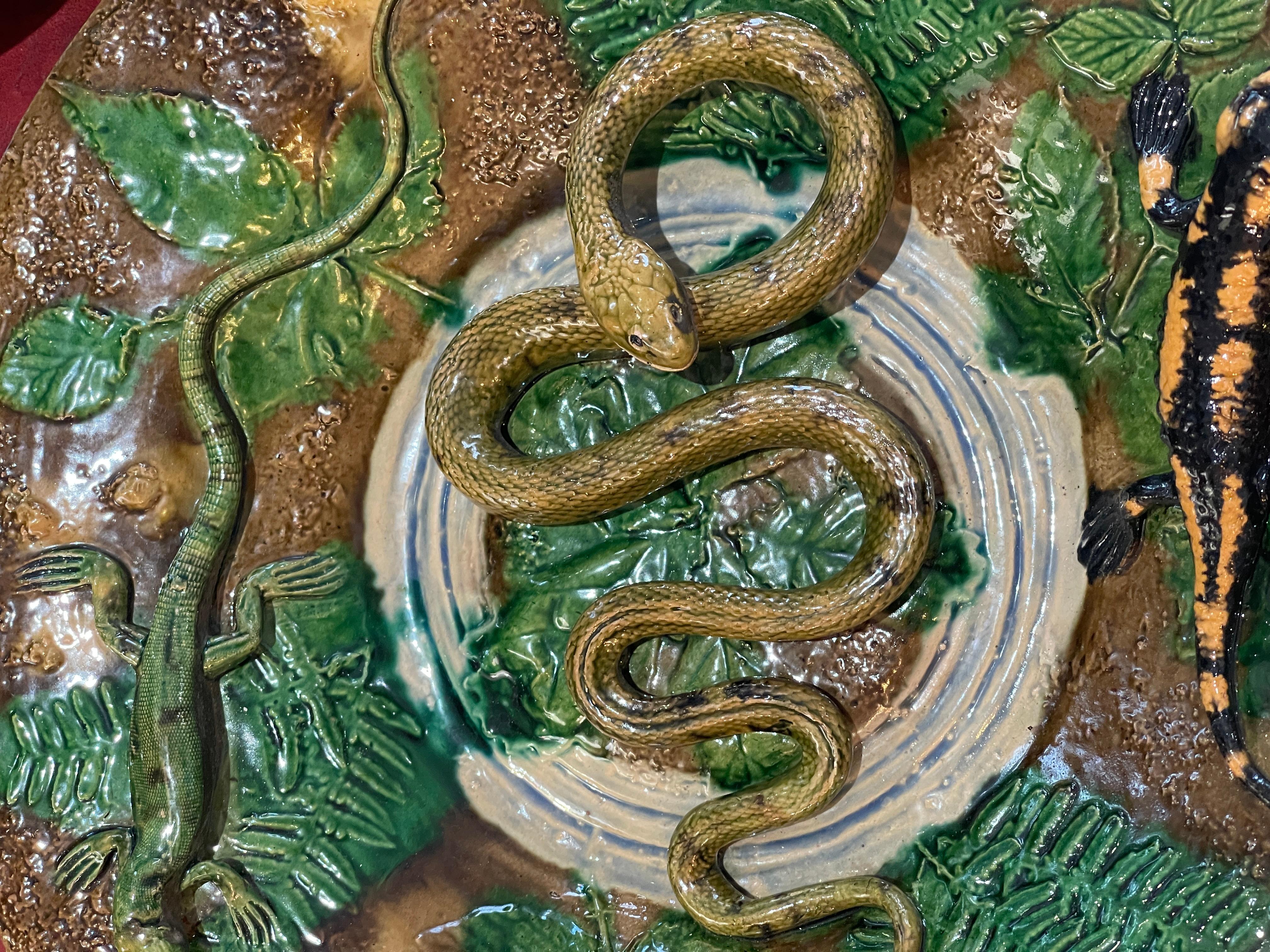Piatto rotondo in maiolica di Palissy, opera di un céramista francese attribuito ad Alfred Renoleau.
Questo piatto è stato realizzato nel  Polakowski Tile Co. , Francia  C.1889
Questo bellissimo piatto presenta un grande serpente al centro, una