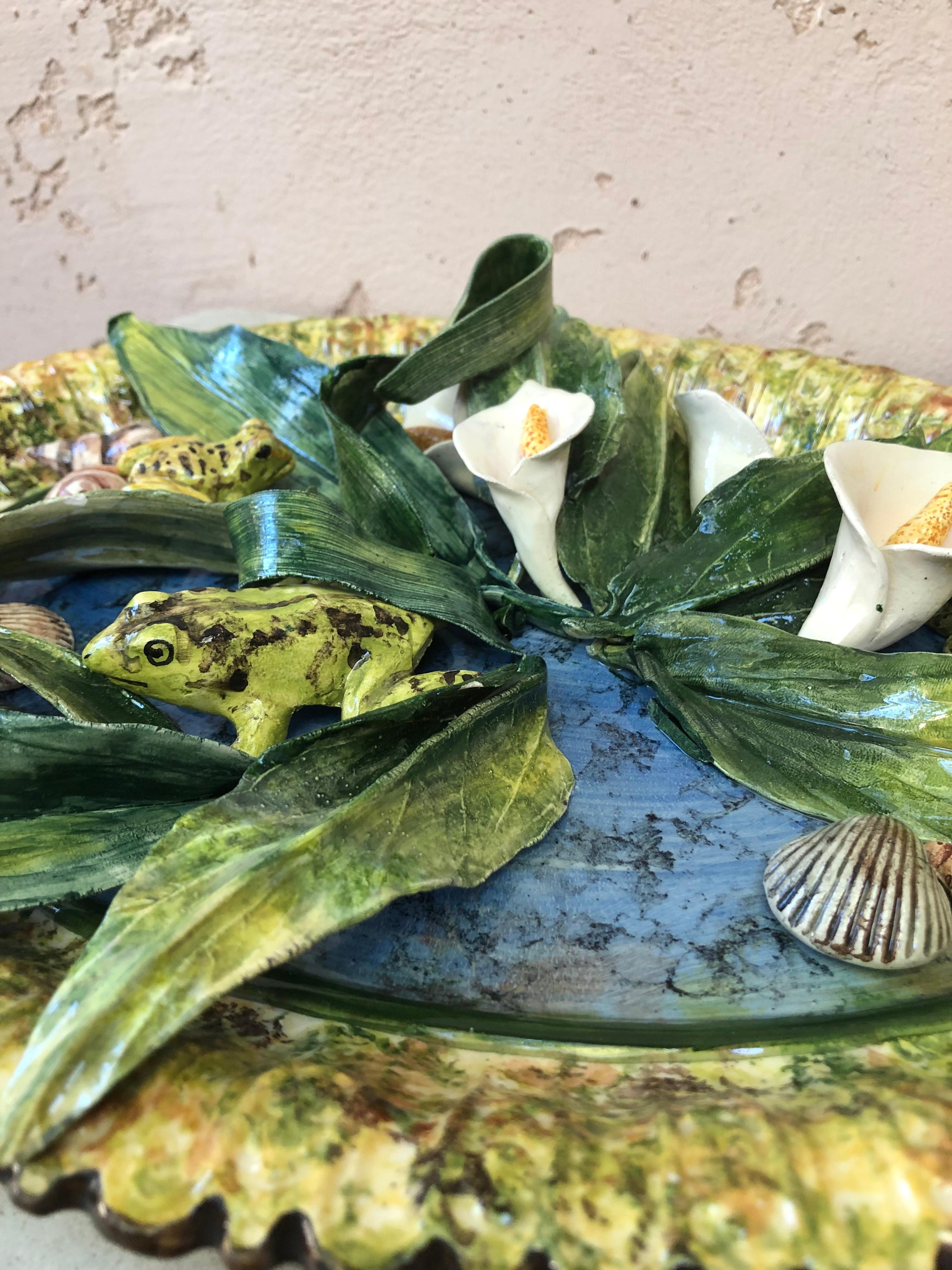 Contemporary French Majolica Palissy Platter Arums, Frogs, Shells Signed Christine Viennet For Sale