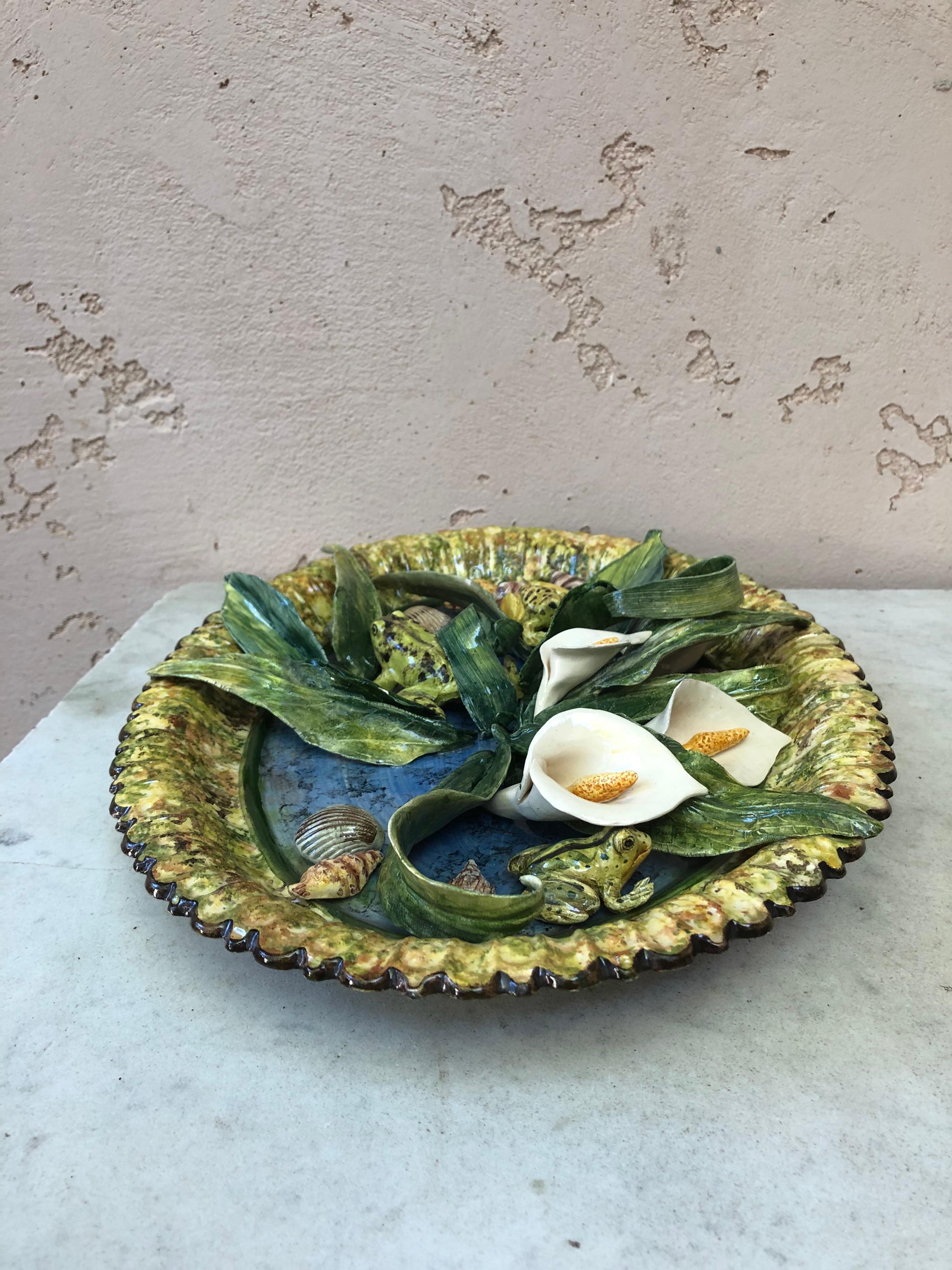 Ceramic French Majolica Palissy Platter Arums, Frogs, Shells Signed Christine Viennet For Sale