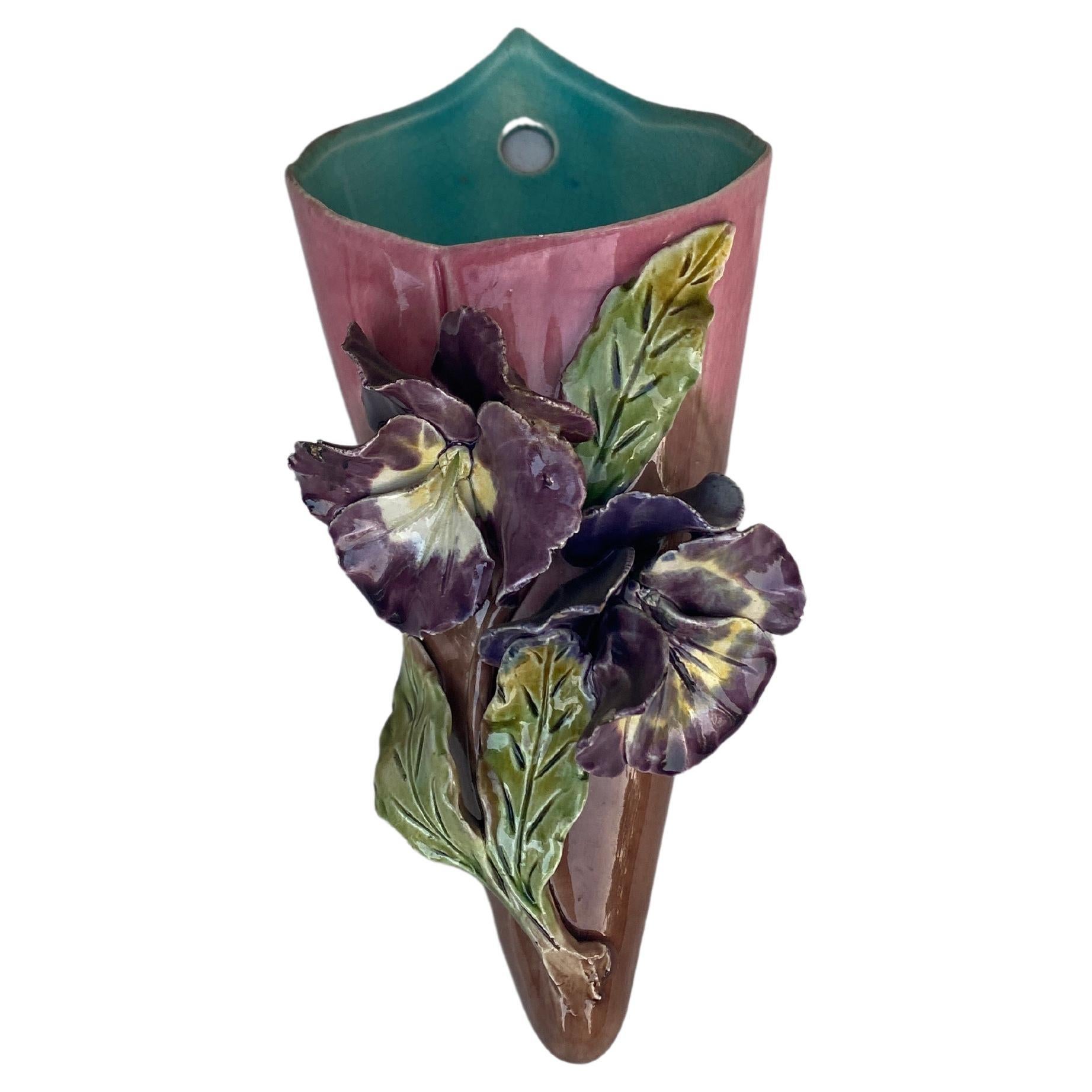 French Majolica Pansies Wall Pocket circa 1890 For Sale