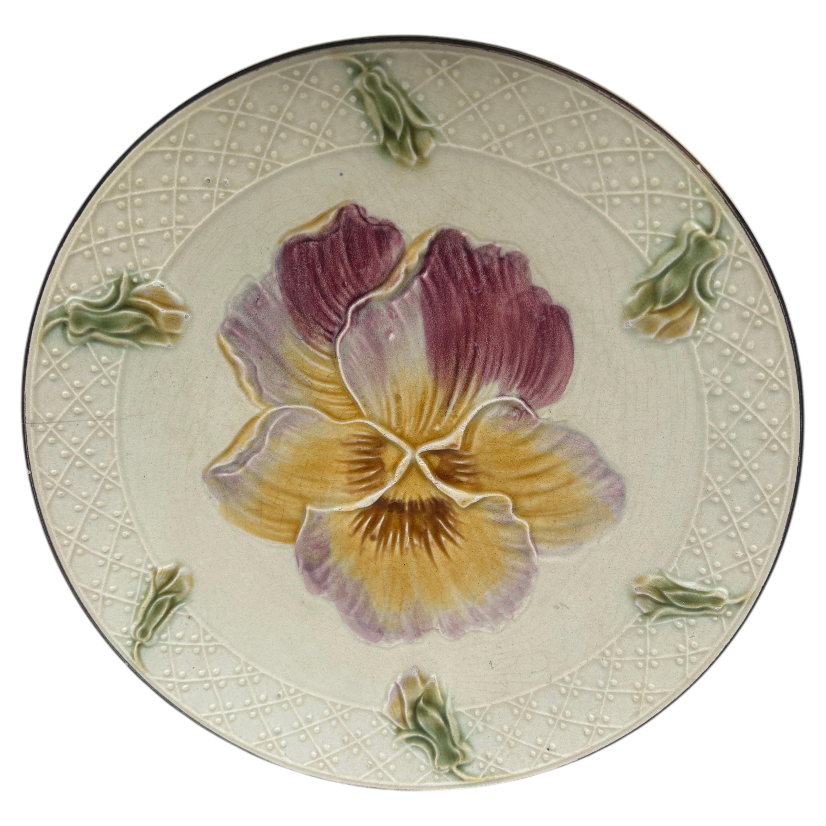 French Majolica Pansy Plate circa 1880 For Sale
