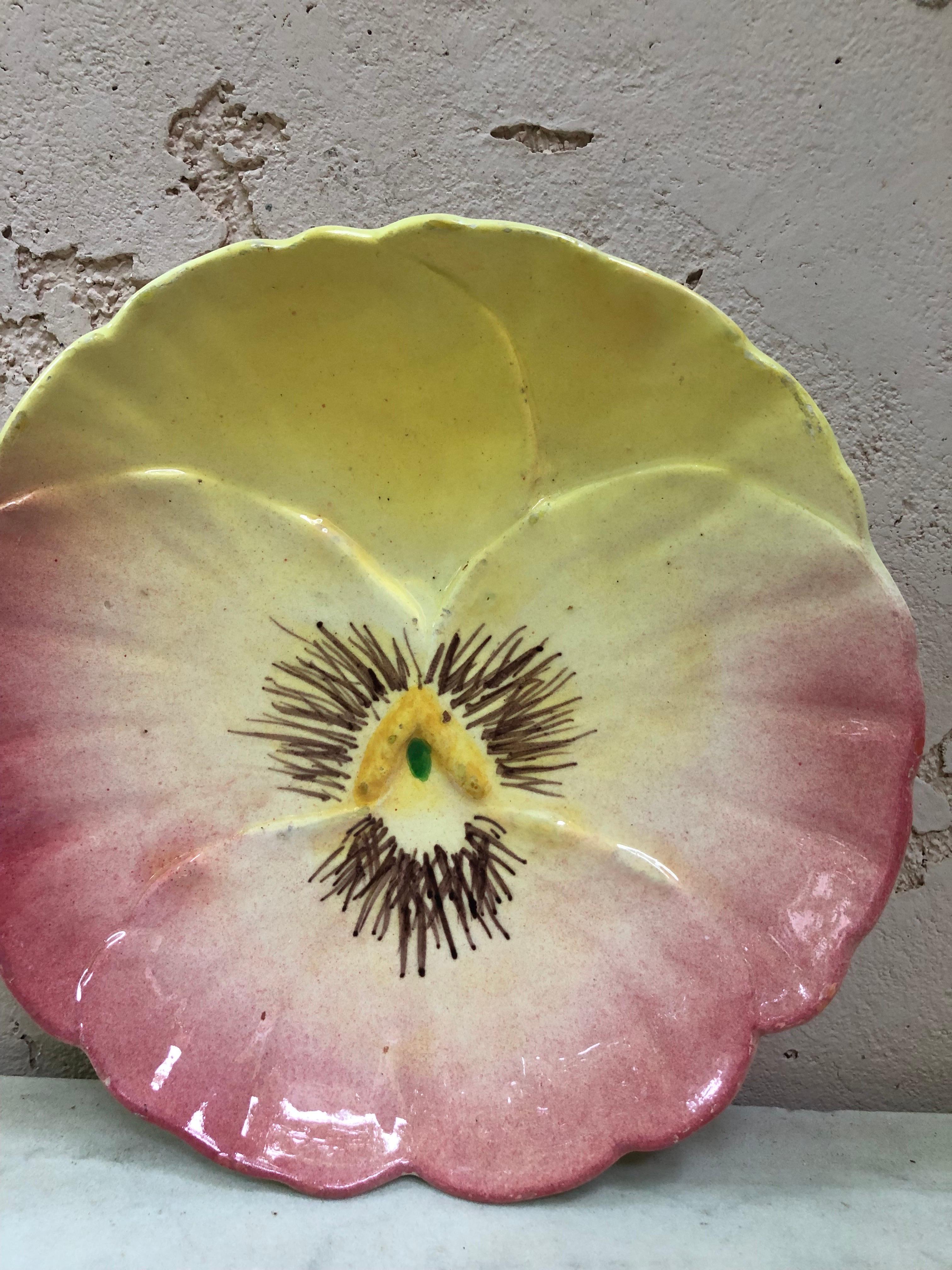 Lovely and rare French Majolica pink Pansy Plate signed Delphin Massier circa 1890.