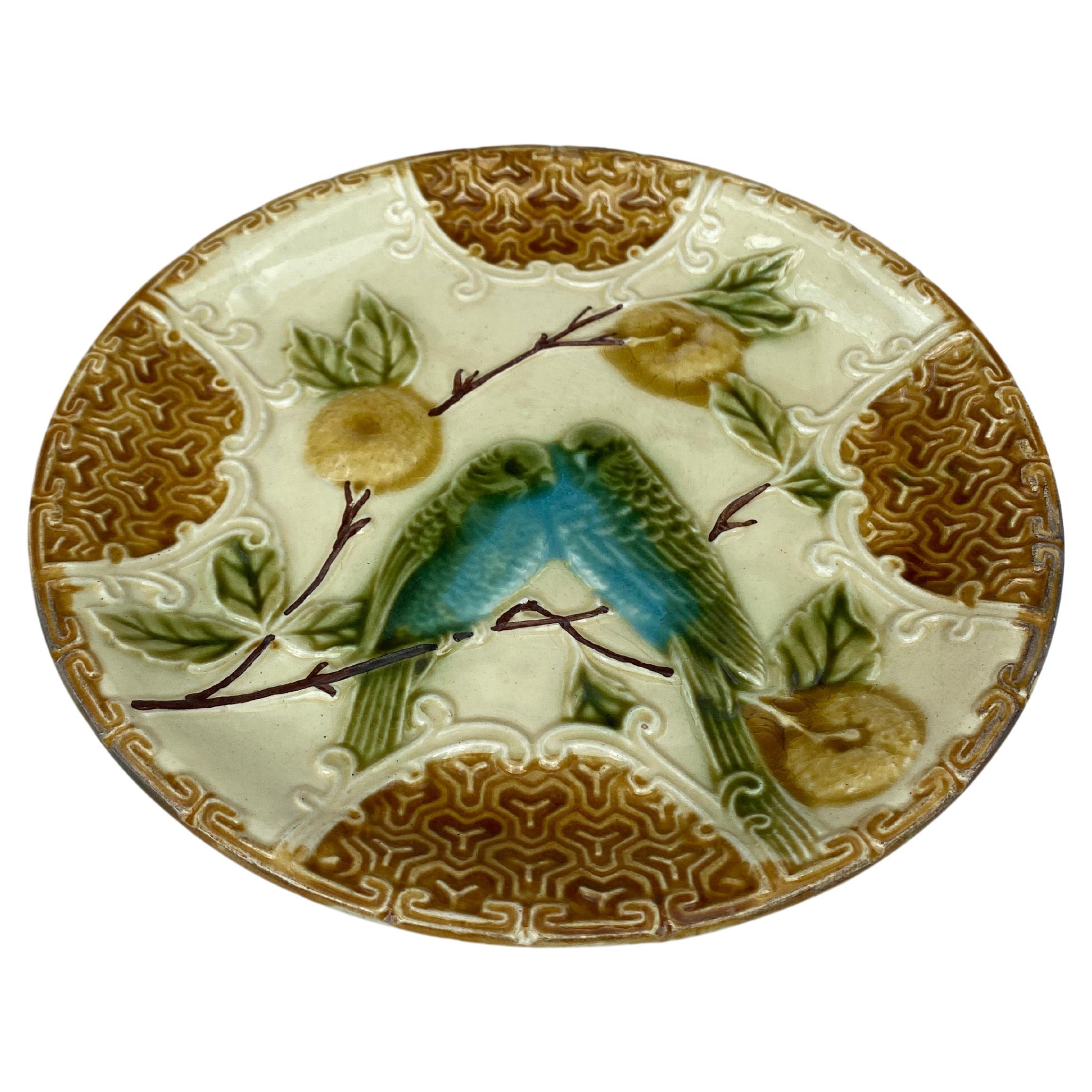 Majolica plate two parakeets with oranges Salins, circa 1890.

 