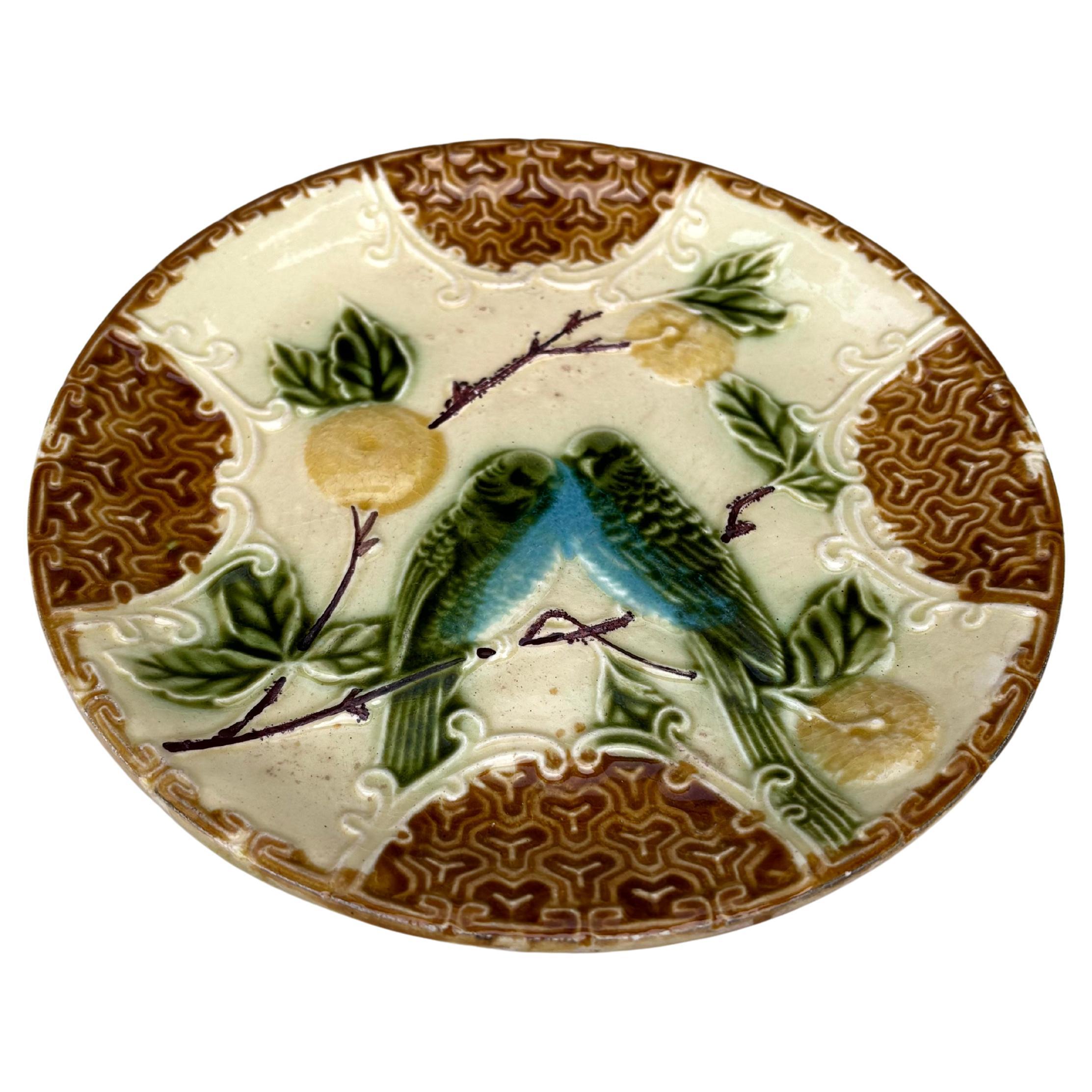 Majolica plate two parakeets with oranges Salins, circa 1890.

 
