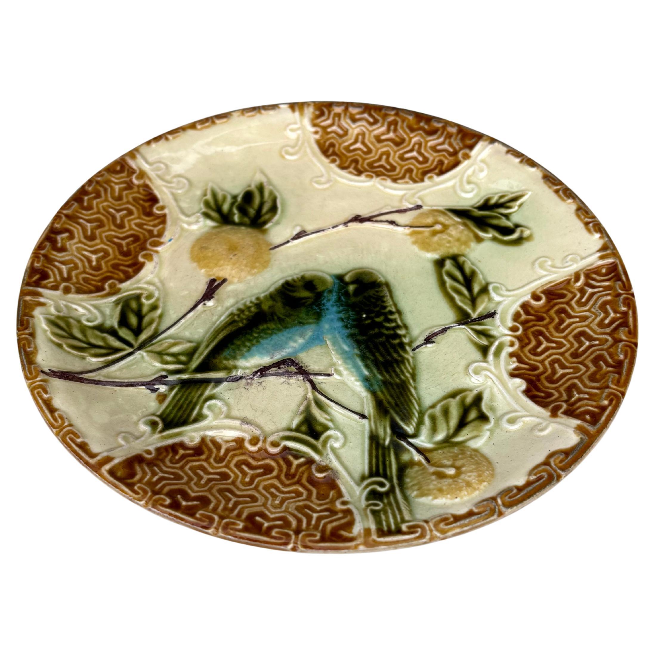 Majolica plate two parakeets with oranges Salins, circa 1890.

 