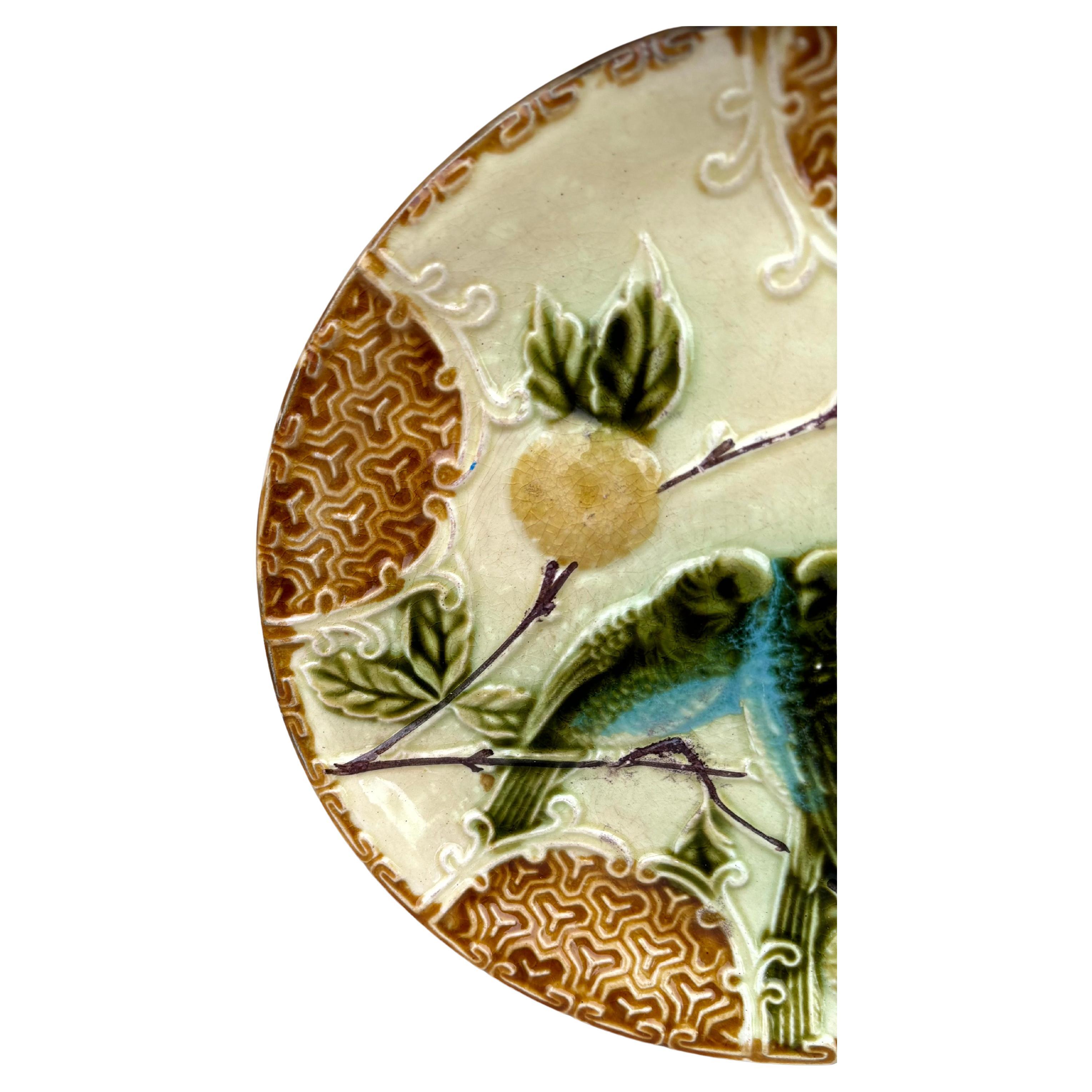 Art Nouveau French Majolica Parakeets Plate Salins, circa 1890 For Sale