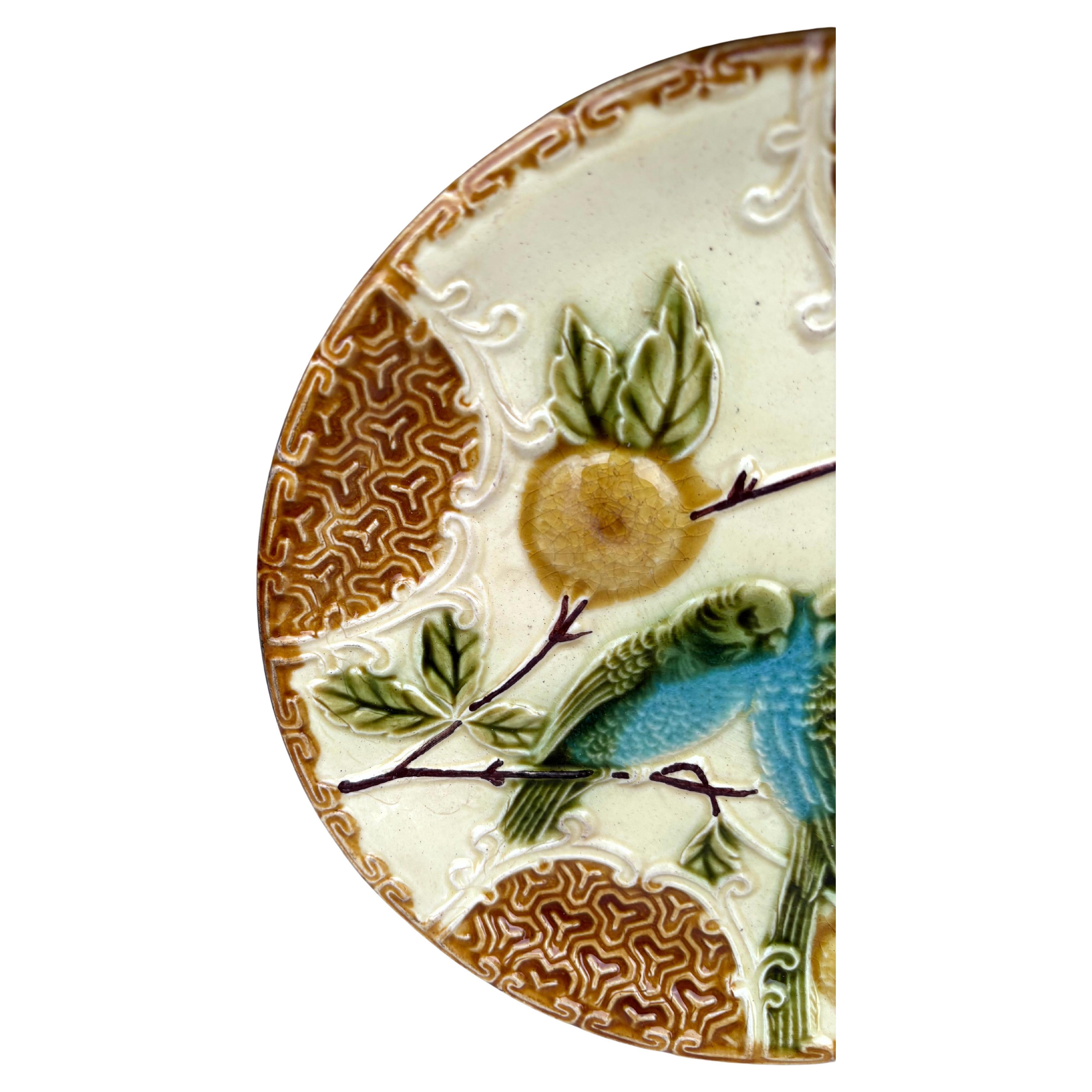 Art Nouveau French Majolica Parakeets Plate Salins, circa 1890 For Sale