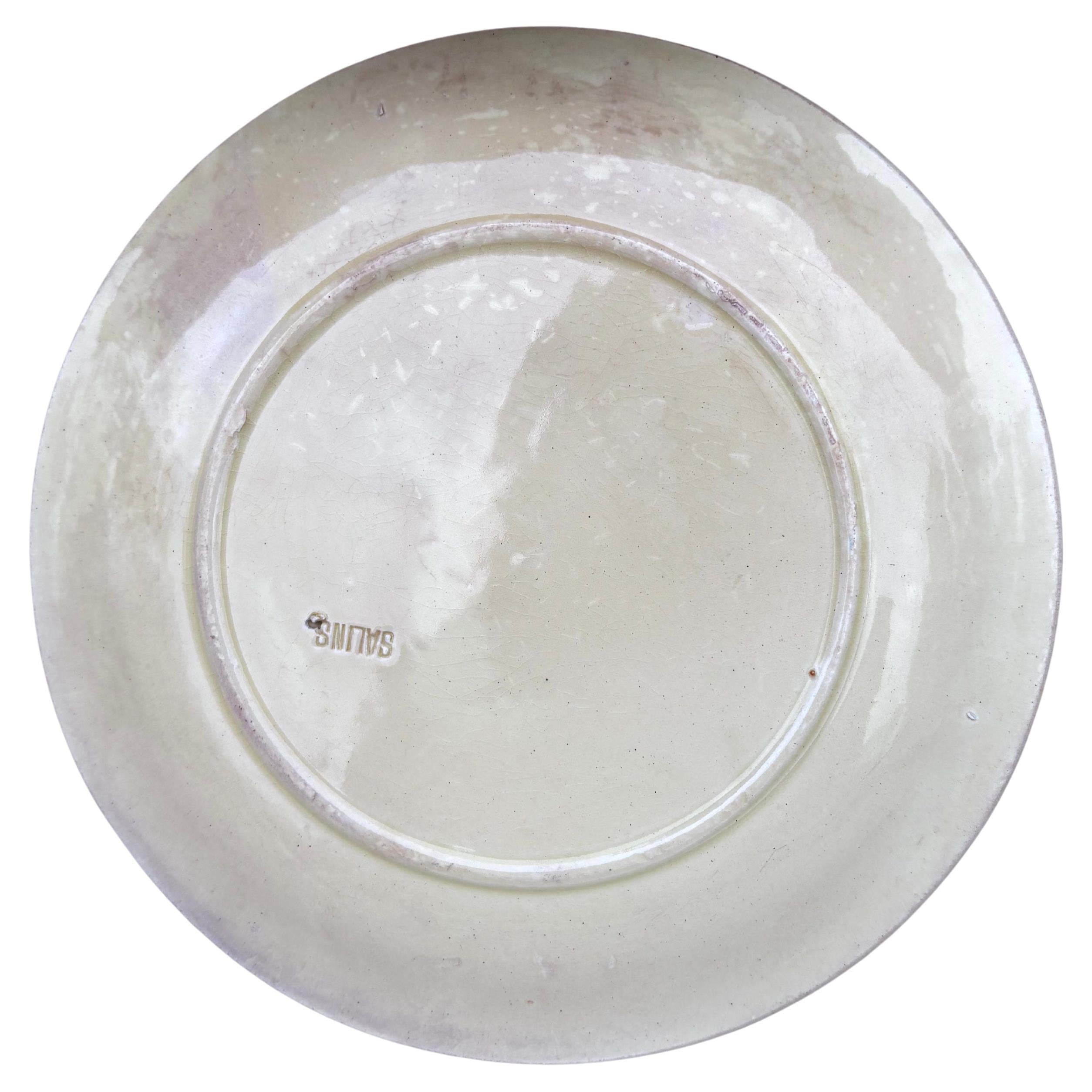 French Majolica Parakeets Plate Salins, circa 1890 In Good Condition For Sale In Austin, TX