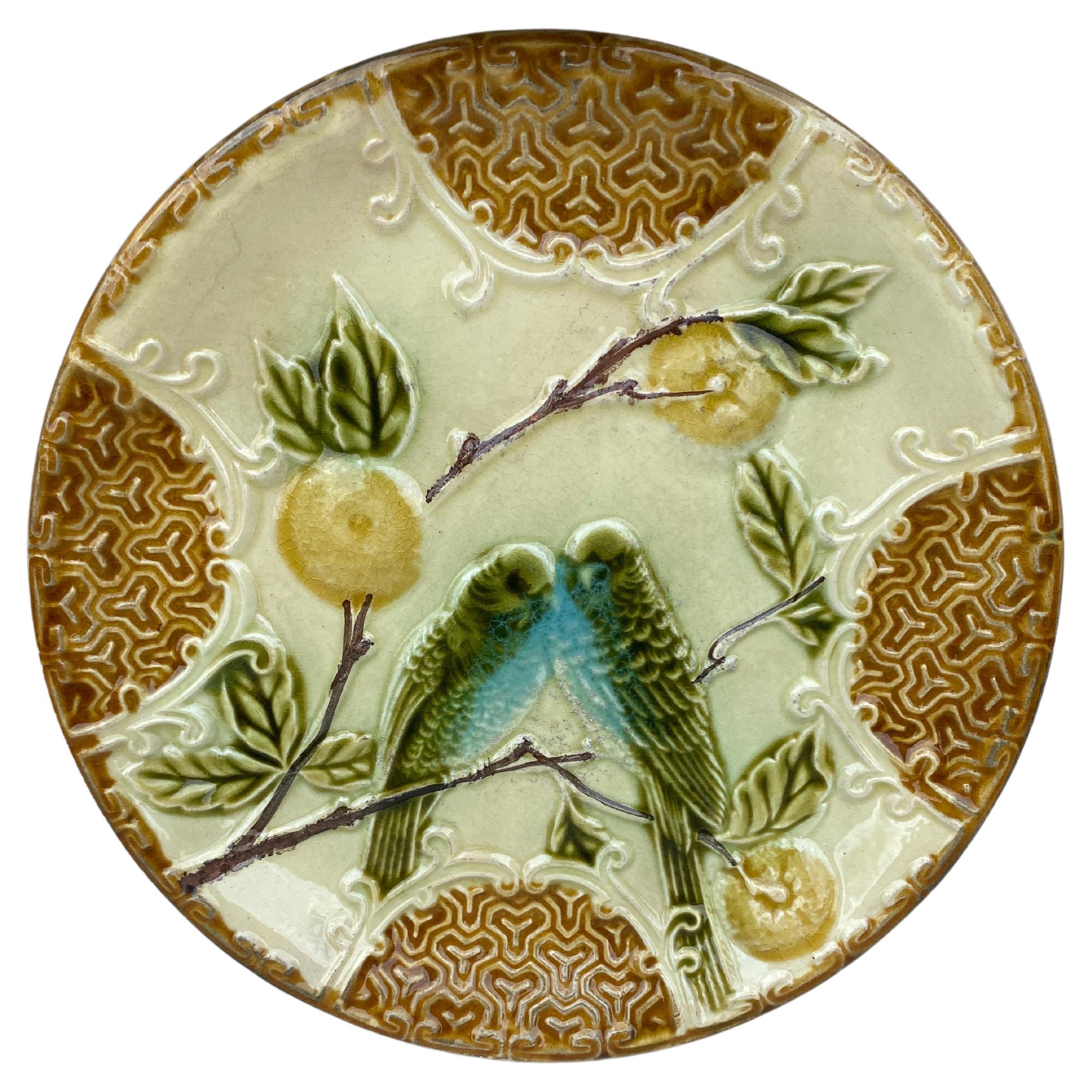 French Majolica Parakeets Plate Salins, circa 1890