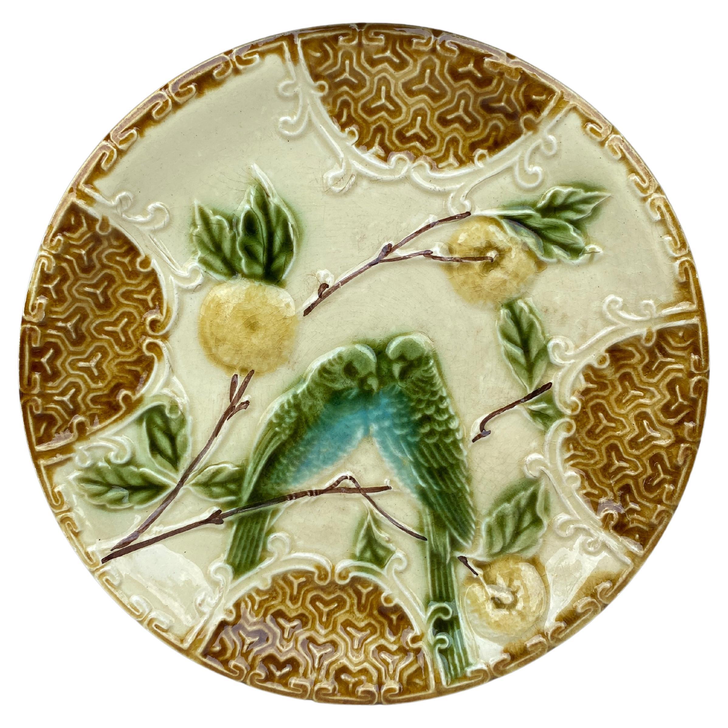 French Majolica Parakeets Plate Salins, circa 1890